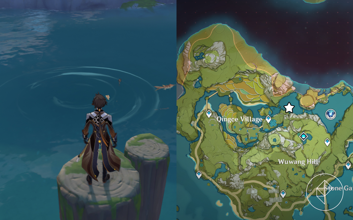 A map showing where to find a fishing spot near a puzzle in Qingce Village