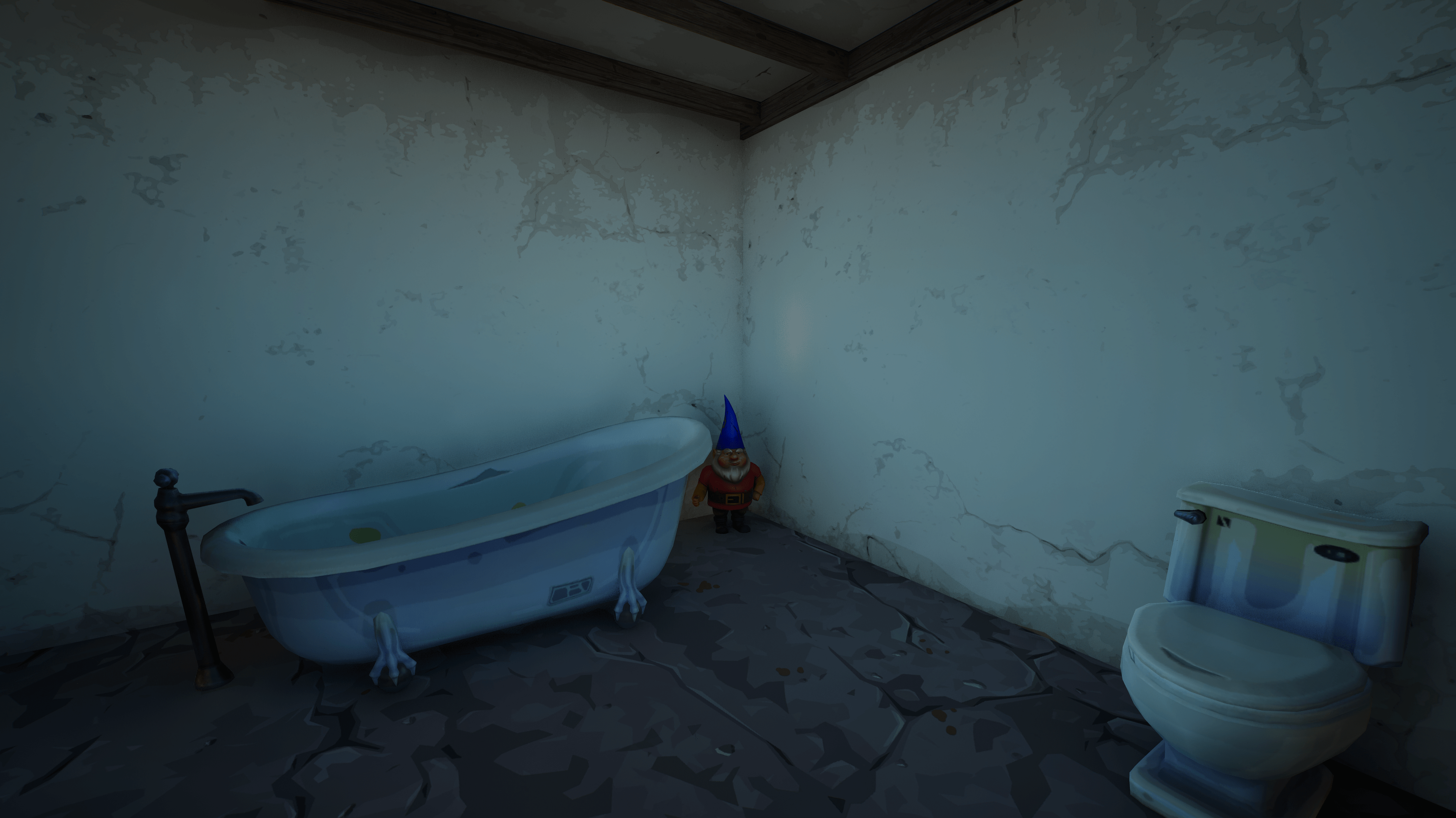 A gnome stands near a bathtub in Fortnite Remix