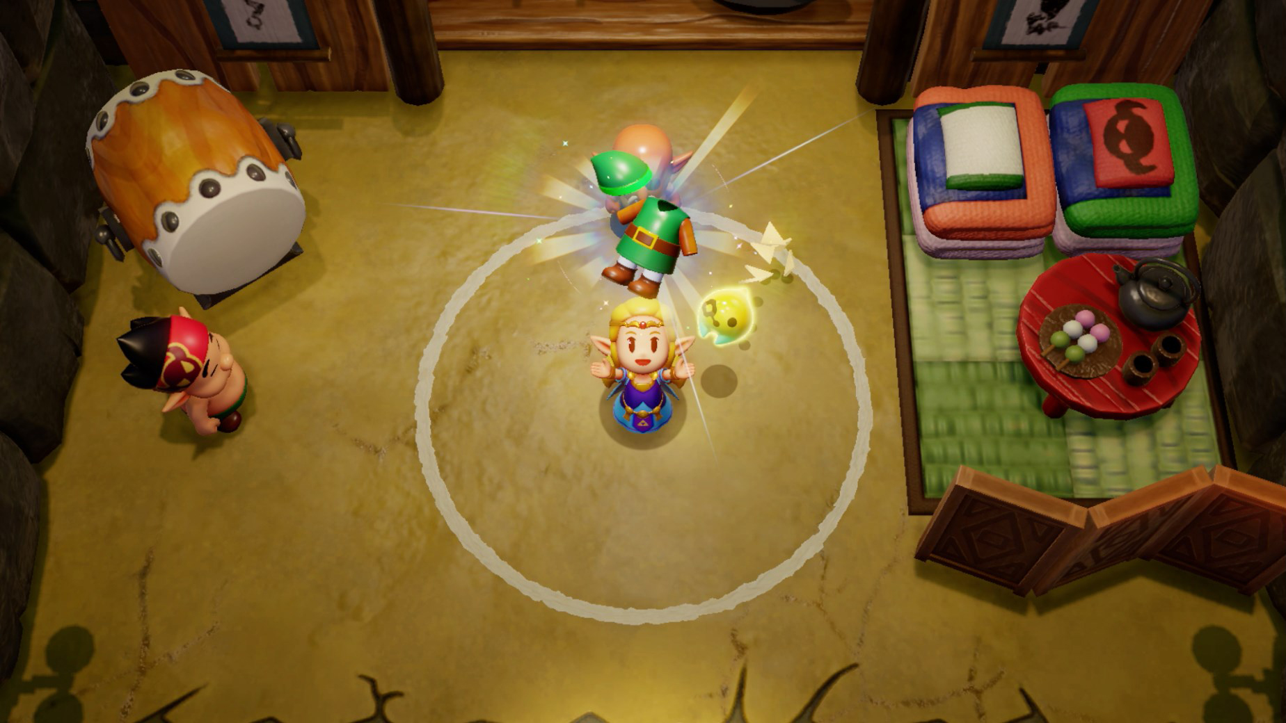 Zelda happily holds up a green tunic in Echoes of Wisdom.