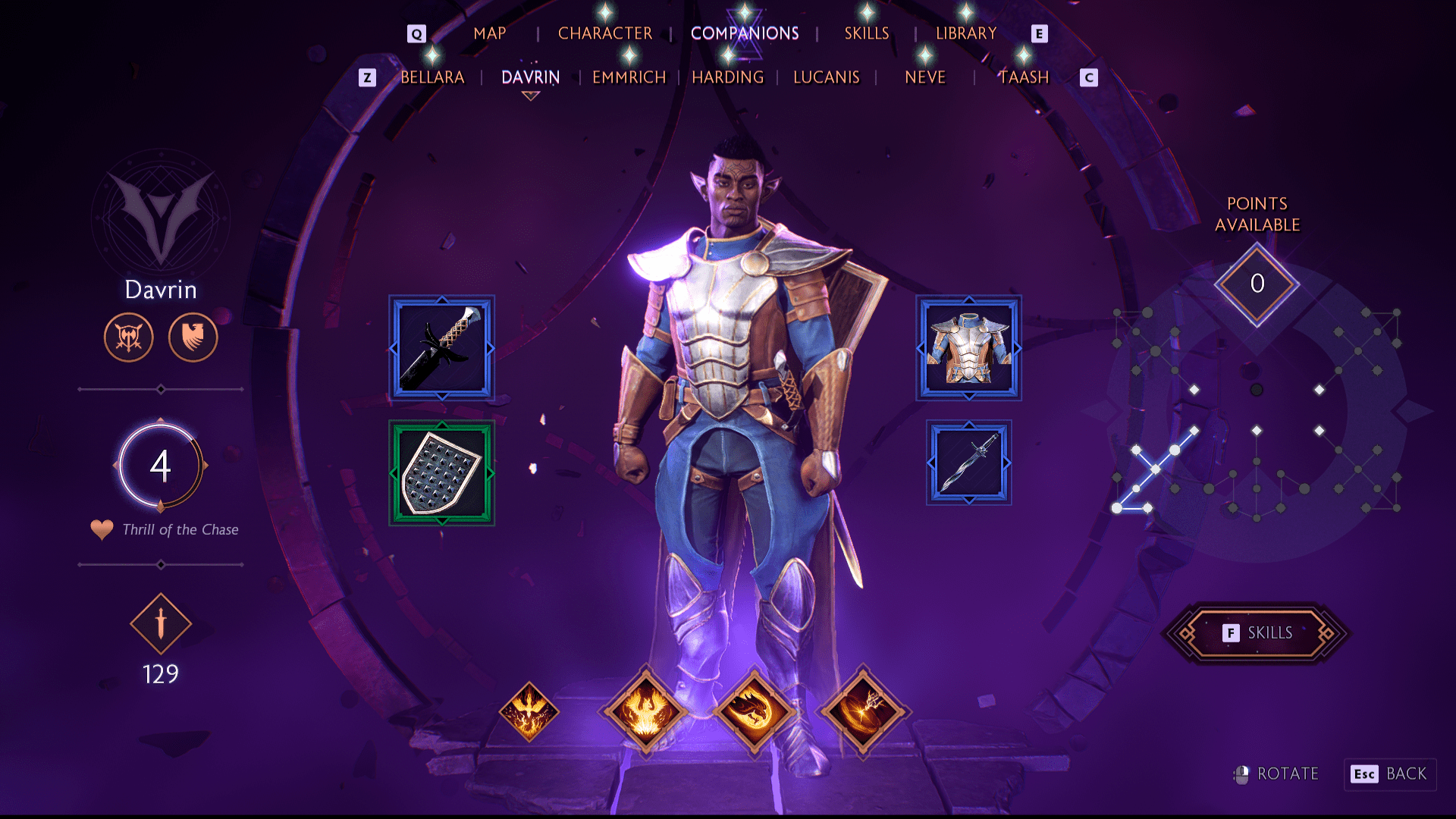 Davrin’s character screen in Dragon Age: Inquisition, which shows a young black elf in heavy armor. Next to him is a icon of a heart with the status “Thrill of the Chase”