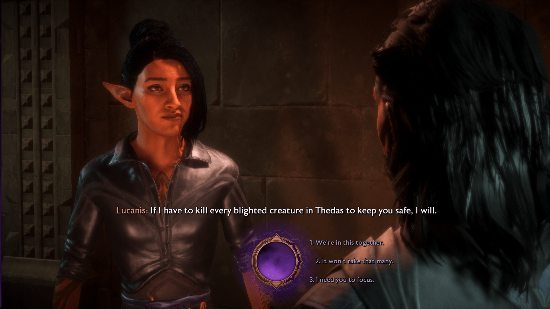 Exclusive Lucanis dialogue in Dragon Age: The Veilguard, where Lucanis comments to Rook: “If I have to kill every blighted creature in Thedas to keep you safe, I will.”