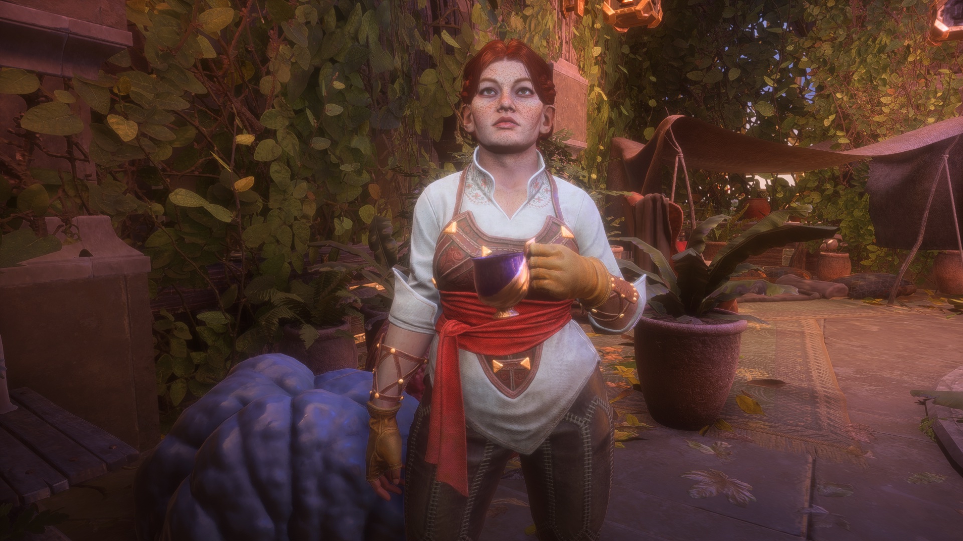 Lace Harding, a young dwarven woman, takes some time in her greenhouse to enjoy a cup of coffee. She has red hair, freckles, and wears simple adventurer's garb