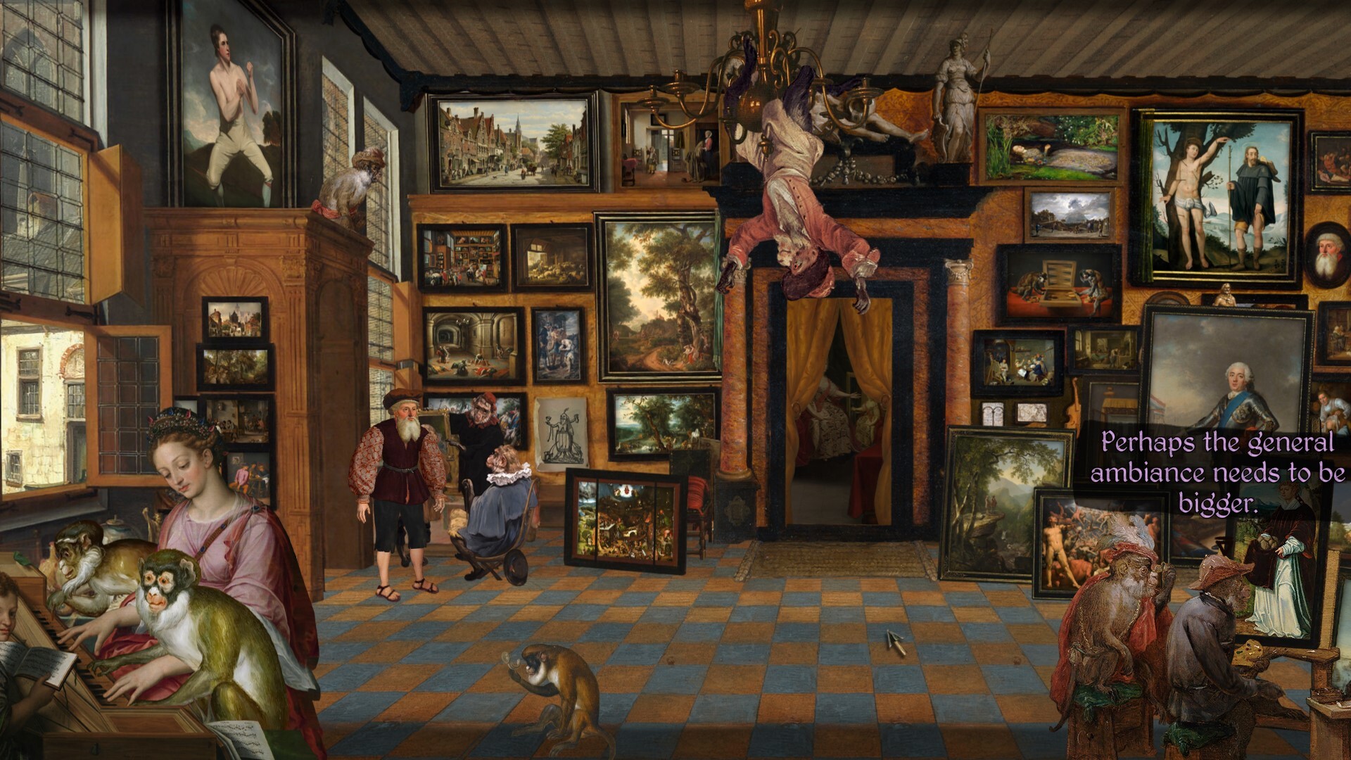 An image of a room filled with paintings in Death of the Reprobate. There is a monkey hanging from the chandelier, and monkeys painting.