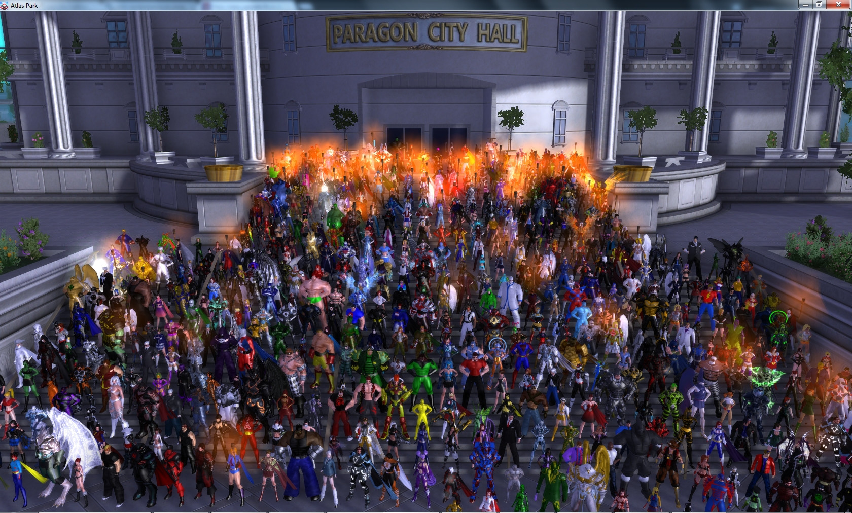 A screenshot showing hundreds of City of Heroes characters massed together on the steps of a building marked Paragon City Hall