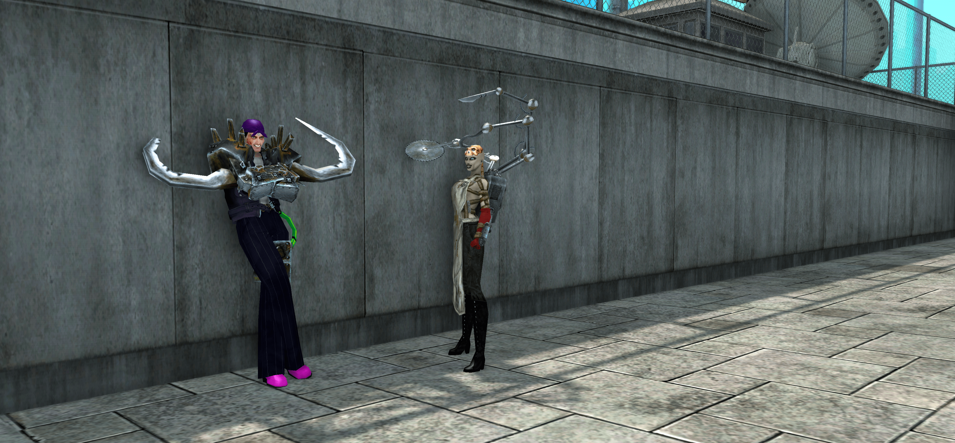 Two supervillain-looking characters with sharp extra metal limbs lounge against a wall in City of Heroes