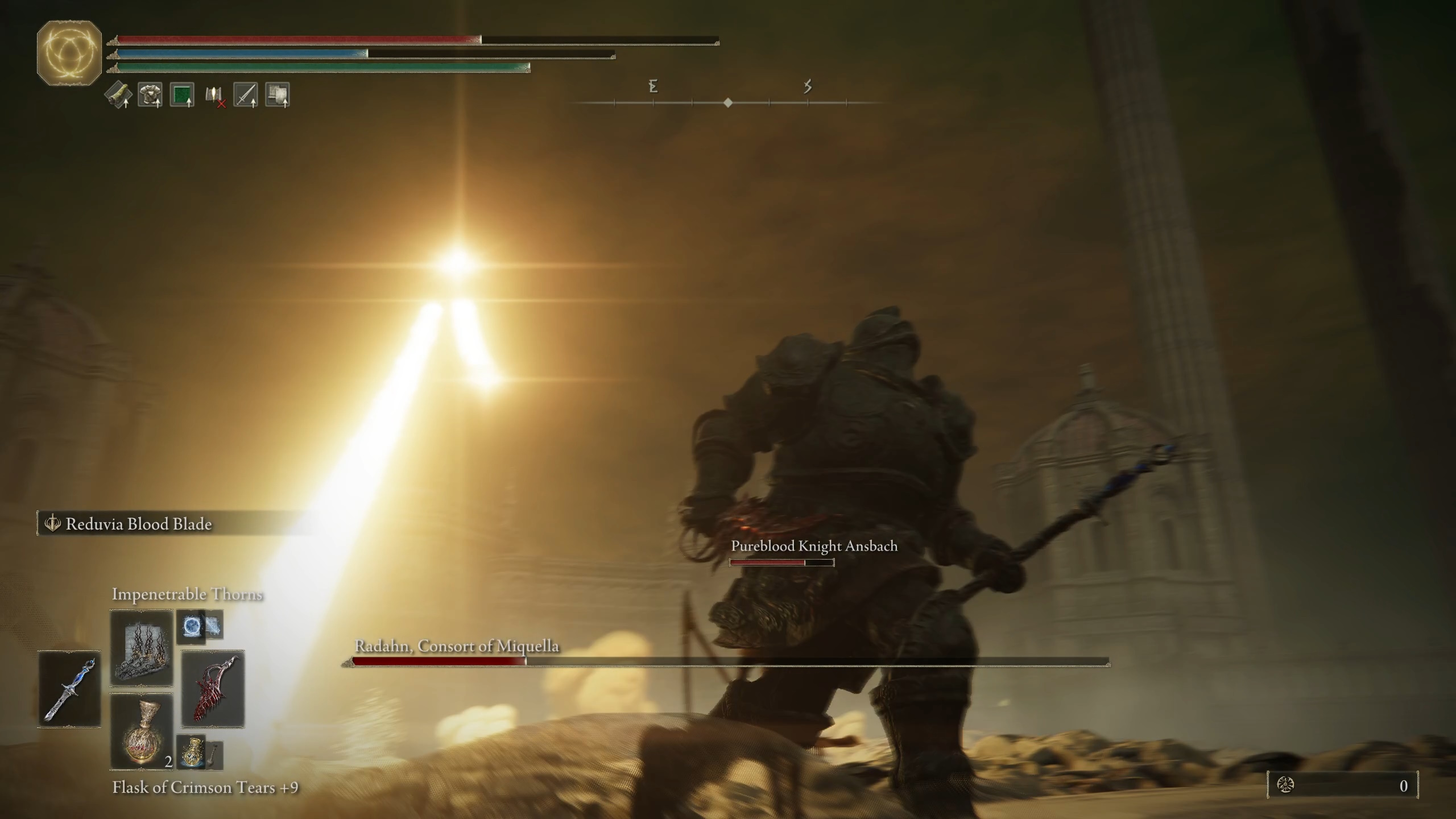 An Elden Ring DLC player dodges a magic attack during the final boss fight against Radahn.