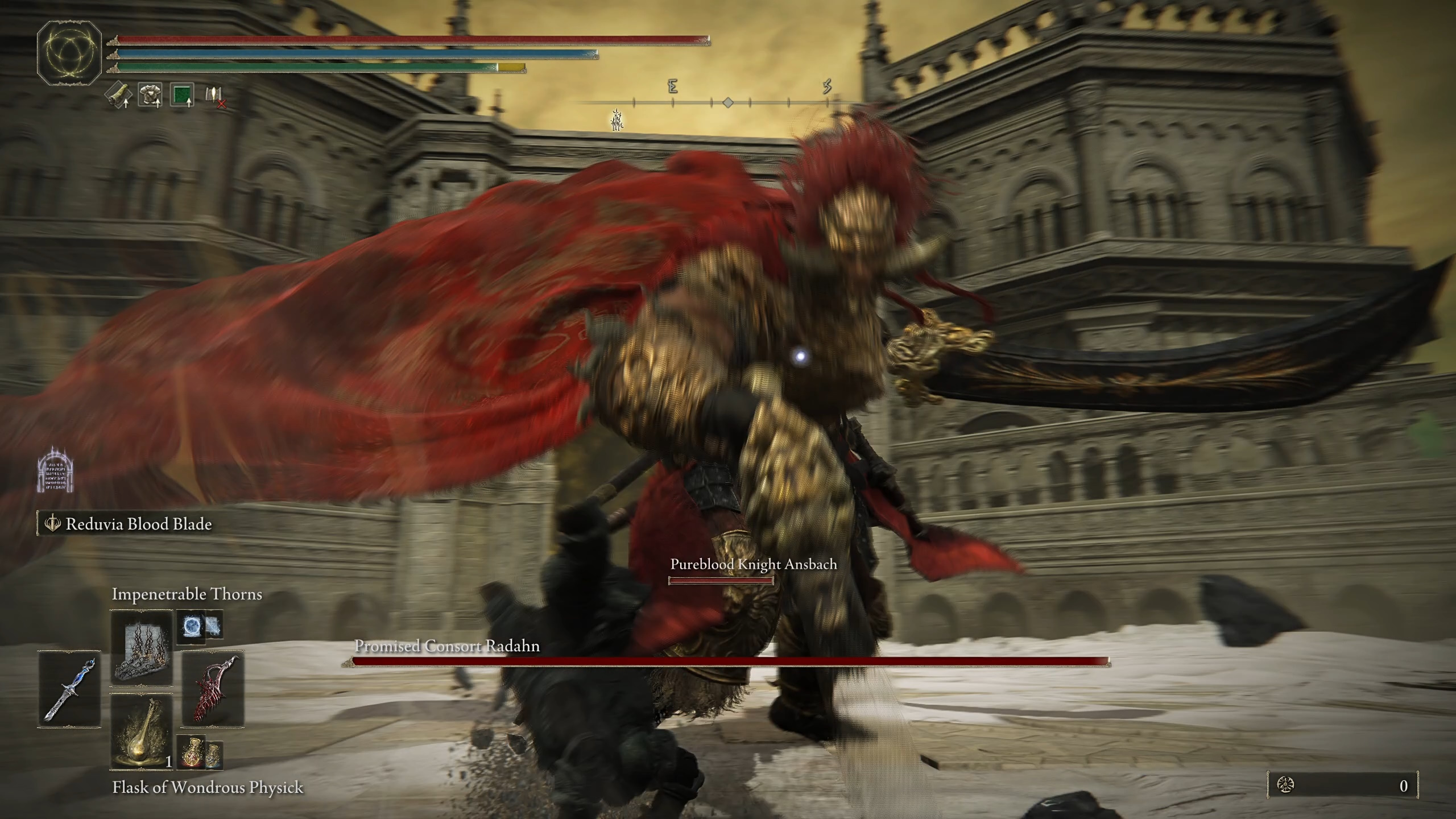 Radahn lands in an arena during an Elden Ring DLC boss fight.