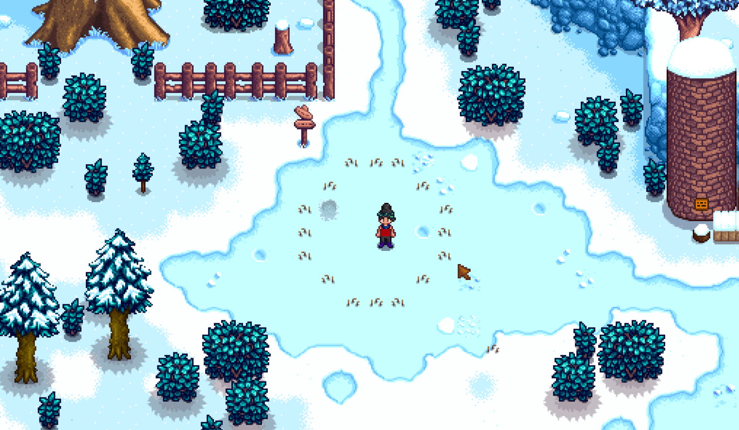 A Stardew Valley farmer stands in a circle of artifact spots.