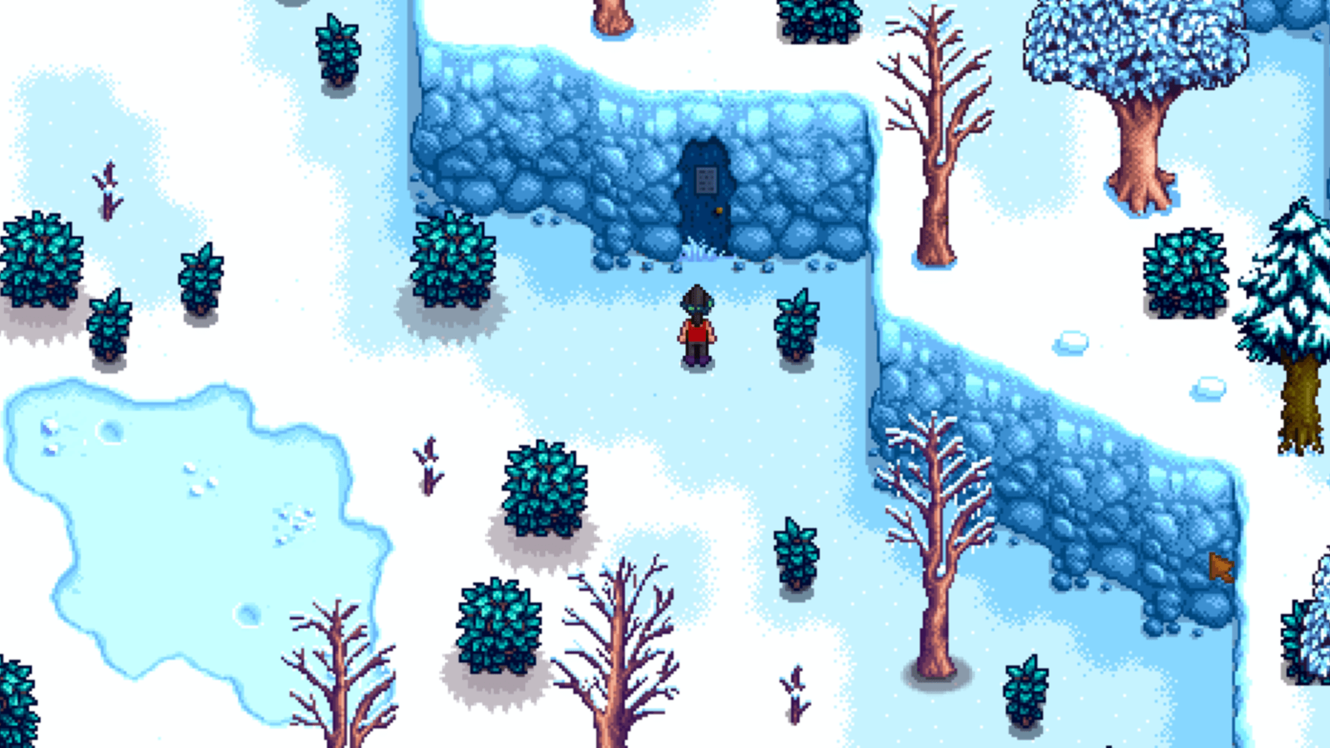 A Stardew Valley farmer stands outside of a mastery cave