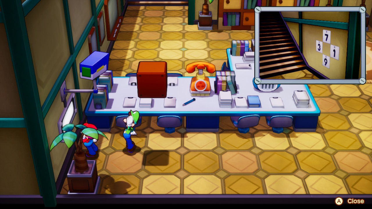 A screenshot of Mario & Luigi: Brothership, showing Mario and Luigi reviewing a security camera in an office building