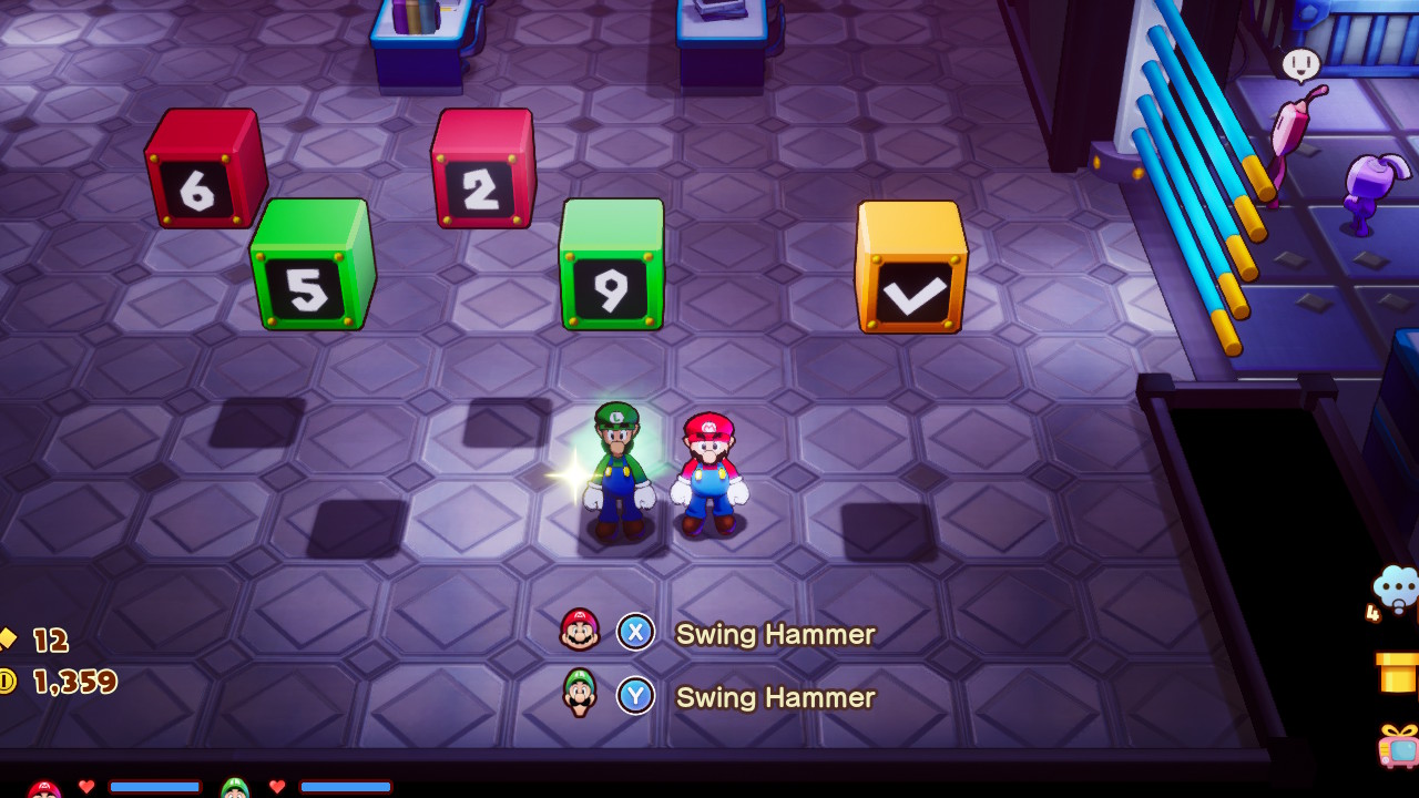 A screenshot of Mario & Luigi: Brothership, showing Mario and Luigi standing beneath a series of number blocks