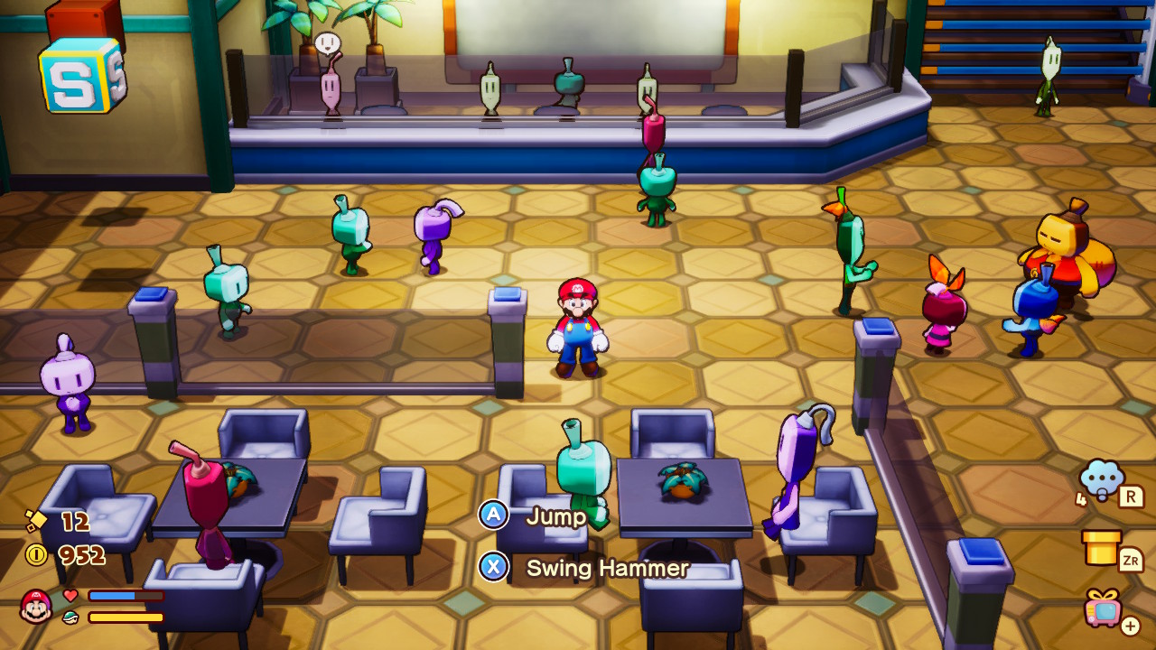 A screenshot of Mario & Luigi: Brothership, in which Mario is standing in an office lobby.