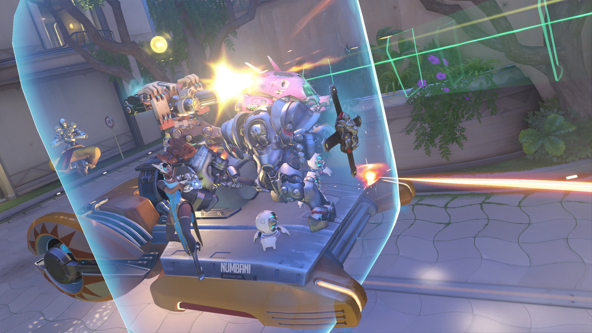 Bastion, Symmetra, Reinhardt, D.Va and Zenyatta ride on a payload in a screenshot from Overwatch 2