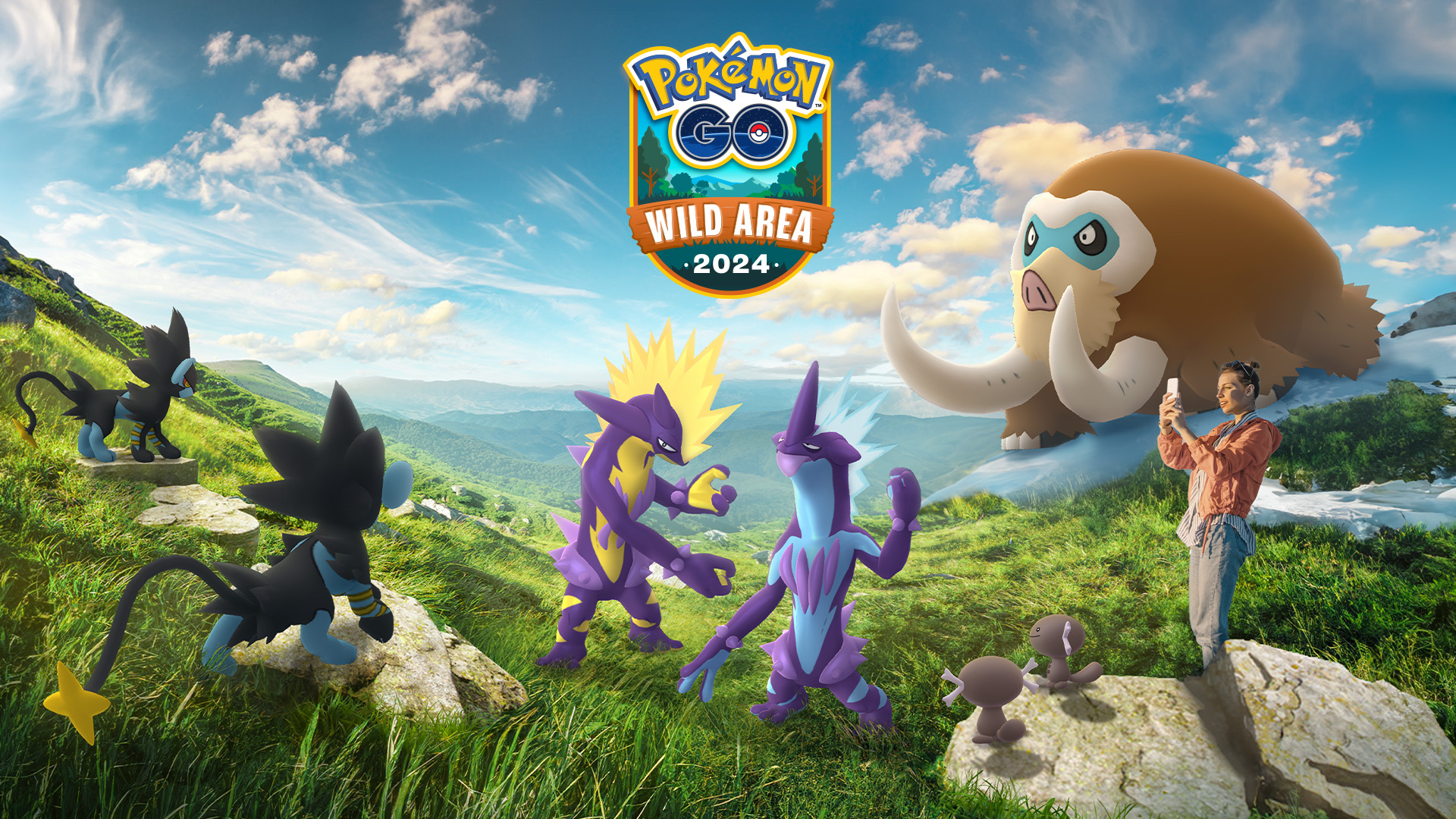 Toxtricity, Luxray, and Mamoswine in a field for Pokémon Go’s Wild Area event