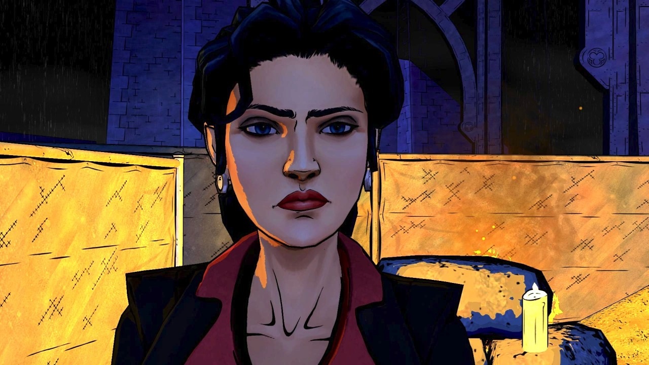 Snow White in Wolf Among Us, with a sneer on her face and a candle behind her