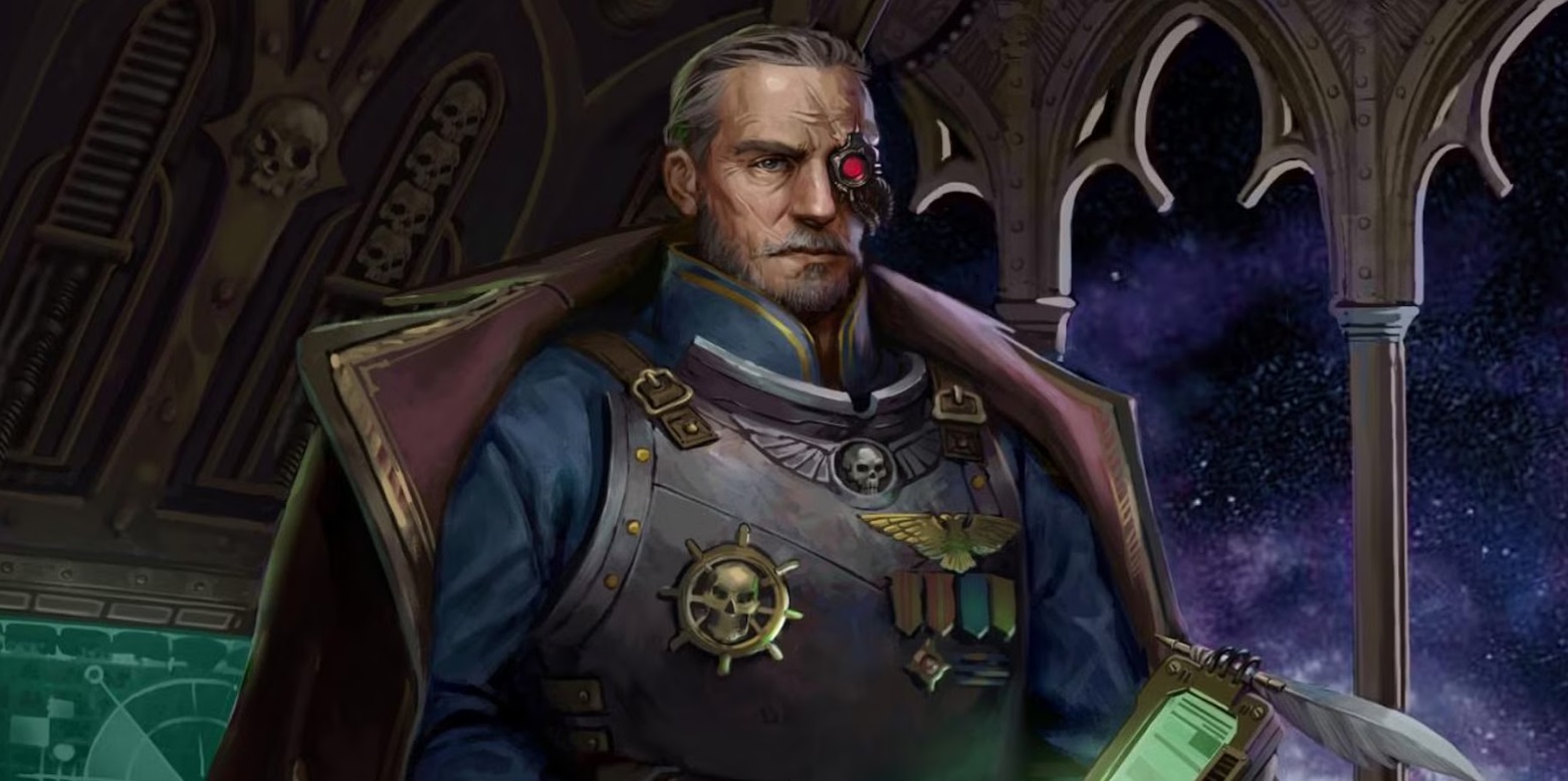 Abelard, a grizzled older man with a red futuristic monocle, wears a chest plate with skulls while standing on a space ship in Rogue Trader