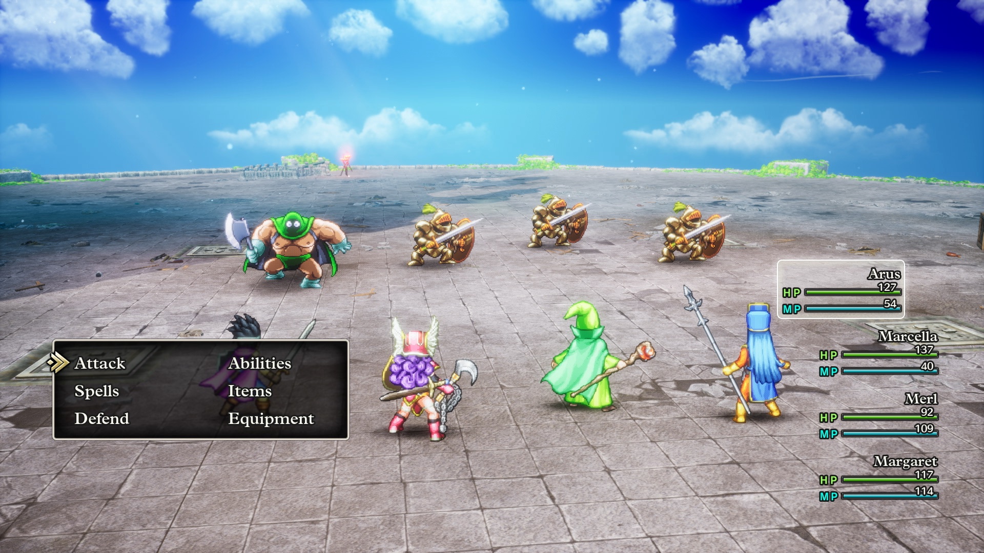 The hero’s party battles a group of enemies, including Robbin’ ‘Ood and Robbin’ ‘Oodlums in a screenshot from Dragon Quest 3 HD-2D Remake