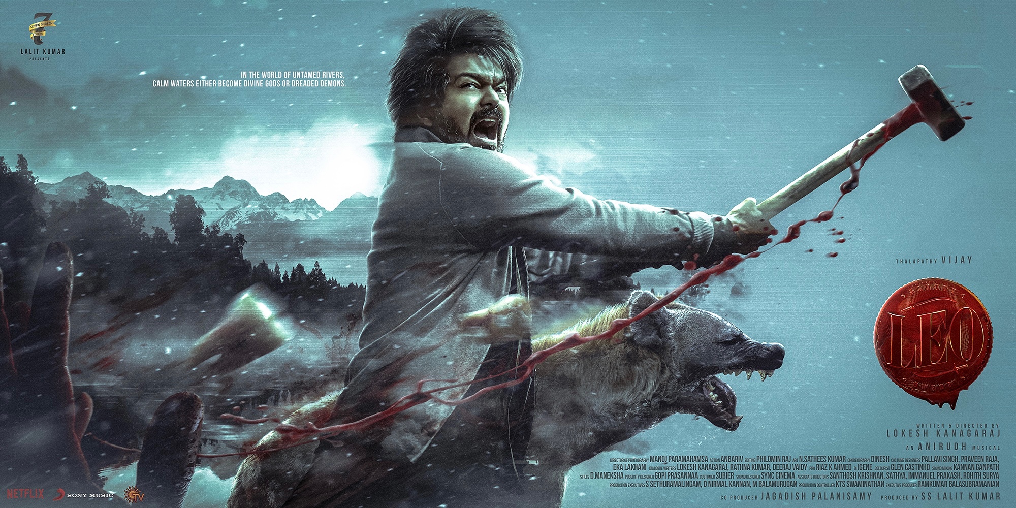 Vijay swings a hammer near a hyena in the poster for Leo (2023)