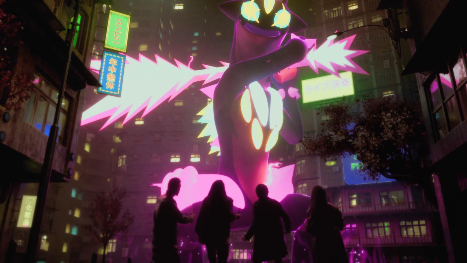 A Gigantamax Toxtricity winds up a swing at a group of players in Pokémon Go