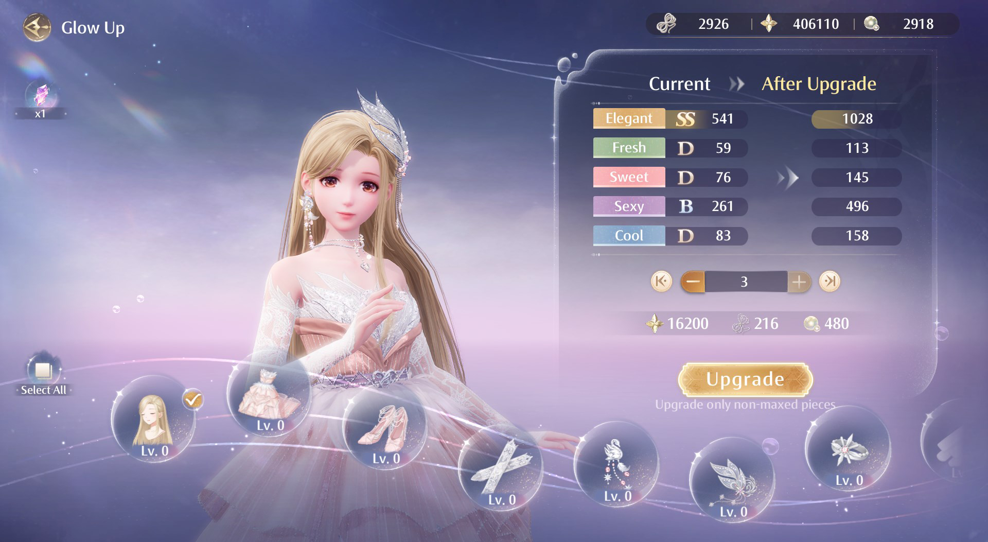 A view of the outfit upgrade screen in Infinity Nikki.