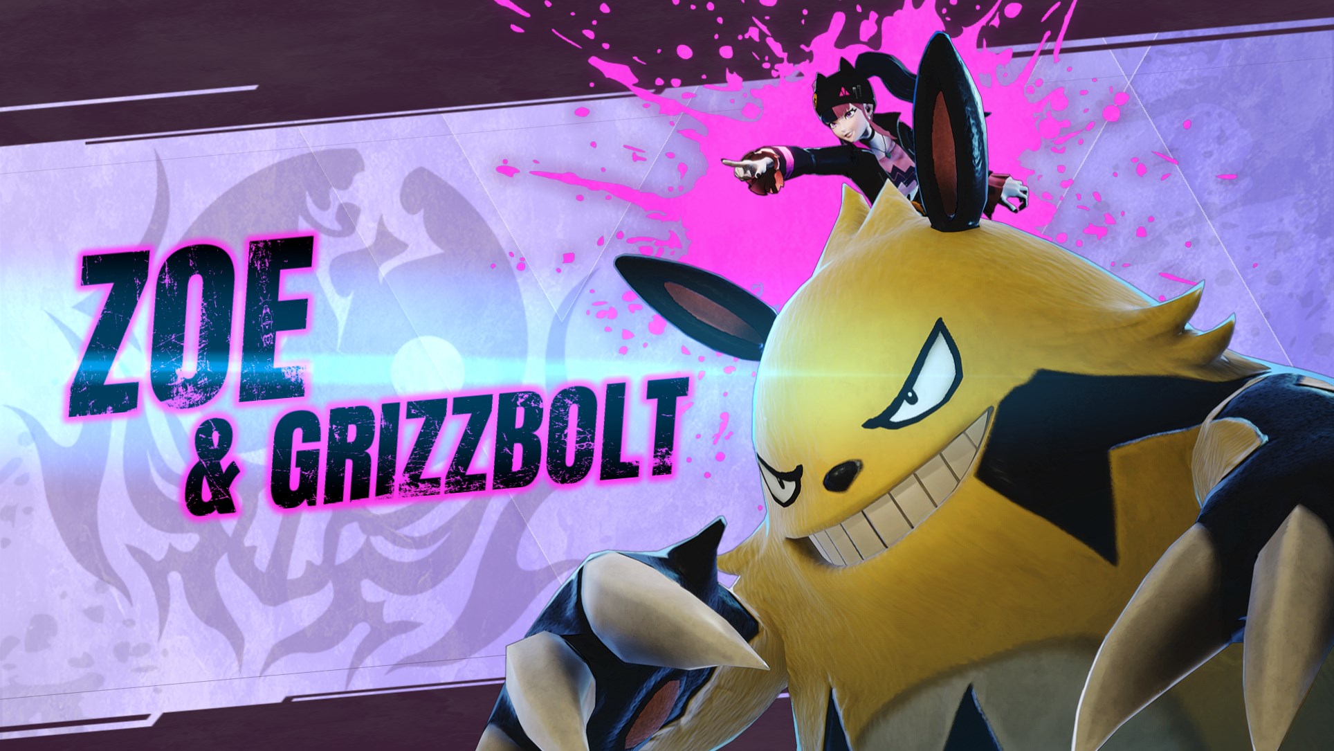 A splash screen from Palworld showing Zoe riding Grizzbolt’s head and pointing.