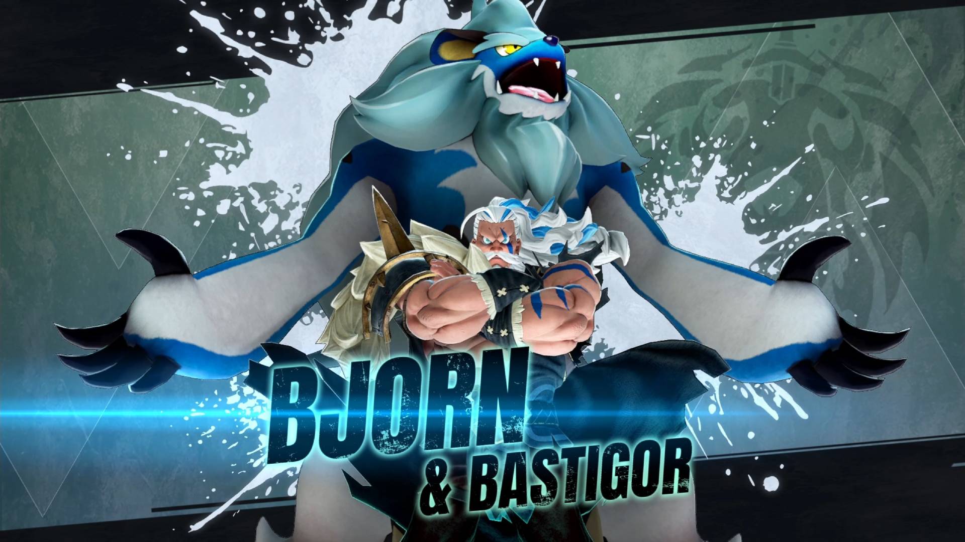 Bjorn, a muscular man with white hair, and Bastigor, a furry blue and white Pal with sharp claws, appear as the boss of the Feybreak expansion in Palworld.