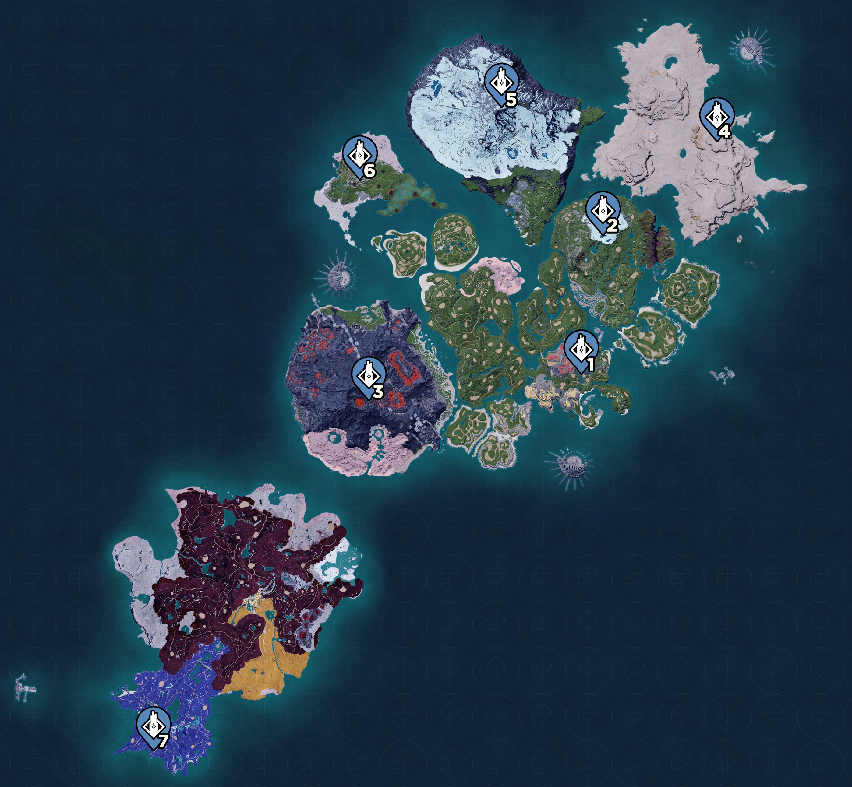 All seven boss tower locations marked on the map of Palworld.