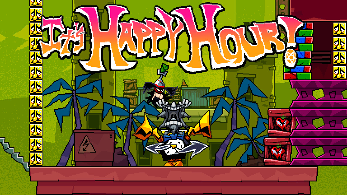 An in-game message decrees “It’s happy hour!” in a screenshot from Antonblast