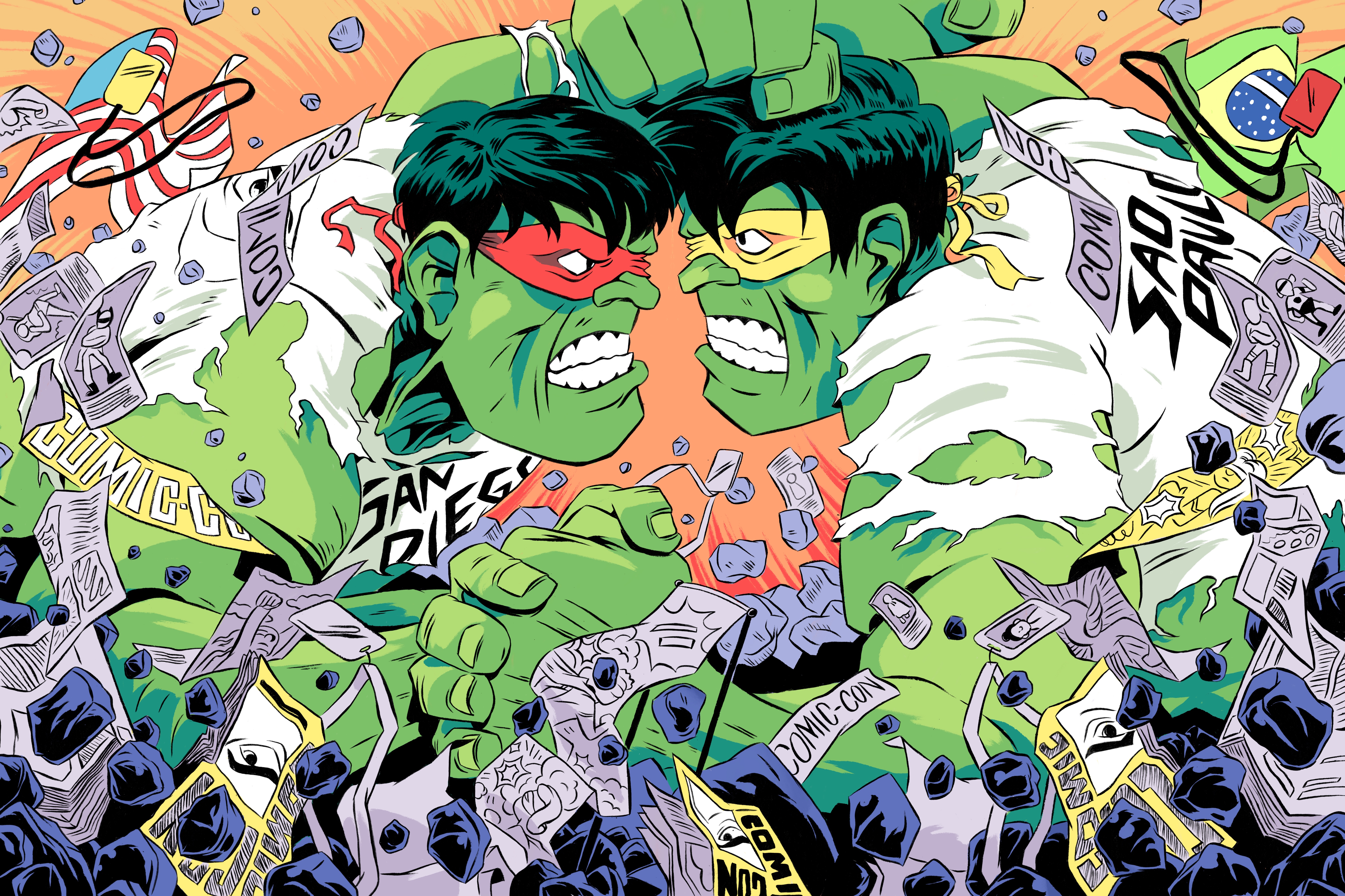 An original illustration shows two hulks facing off against each other, one representing CCXP and the other representing Comic-Con