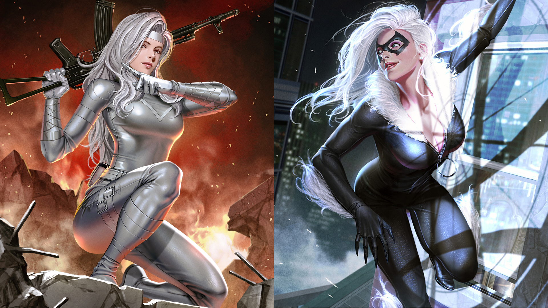 Artwork of Silver Sable and Black Cat as rendered by artist Inhyuk Lee