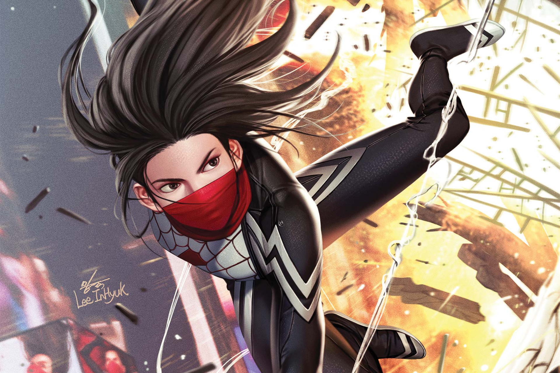 Silk leaps away from an explosion in artwork from Silk #5 by Marvel Comics