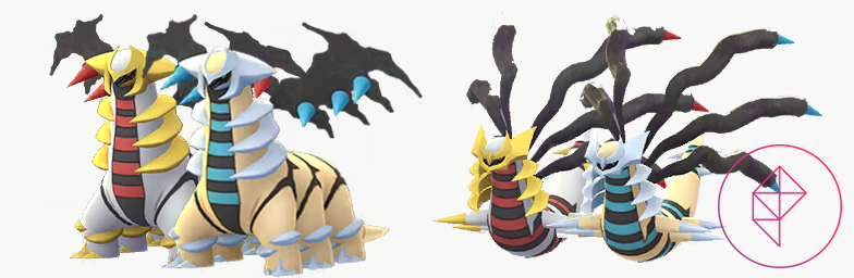 Shiny Giratina with its regular forms. Both turn gold and blue.