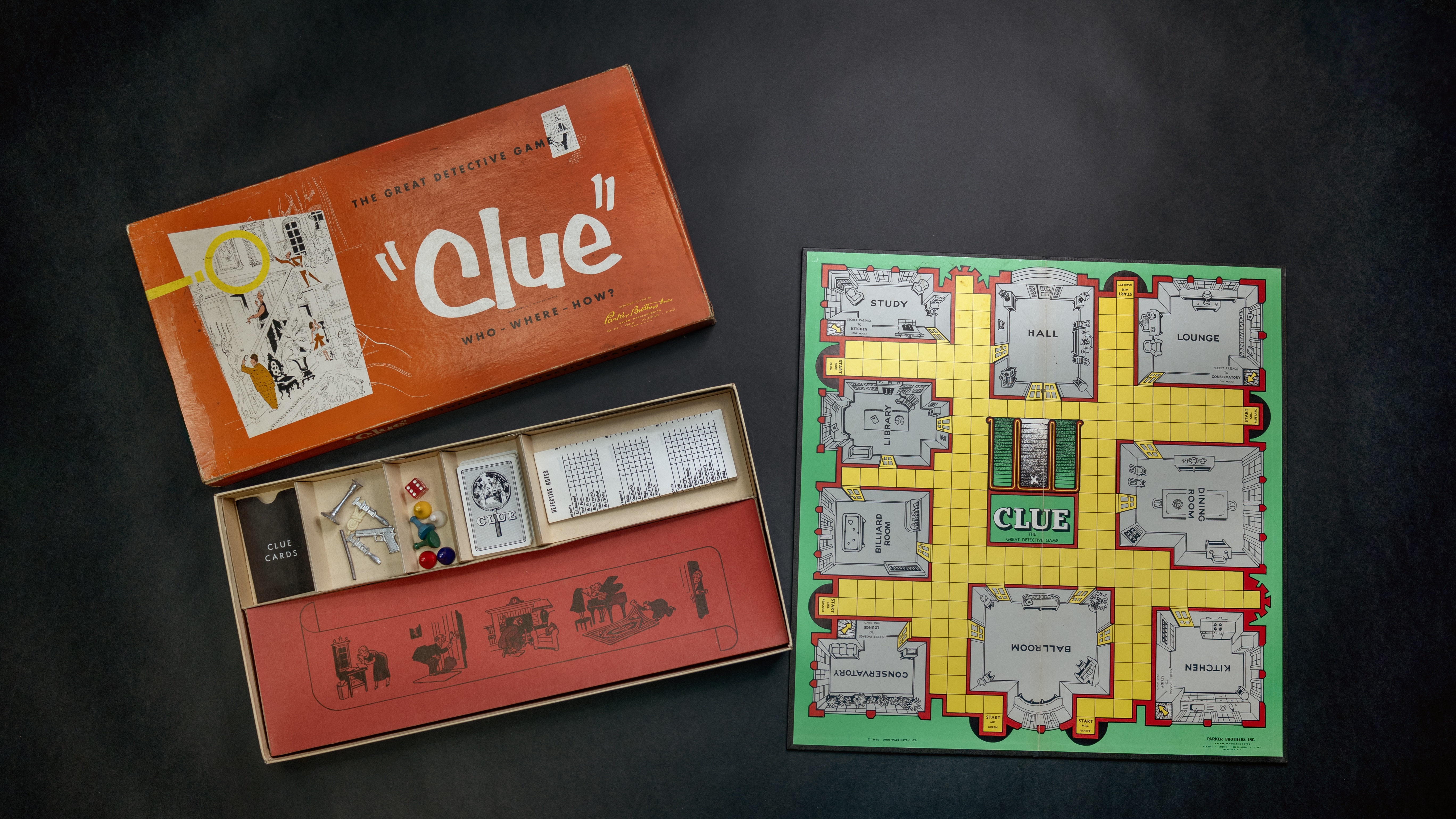 The 1956 edition of Clue, including the box, accessories, and board