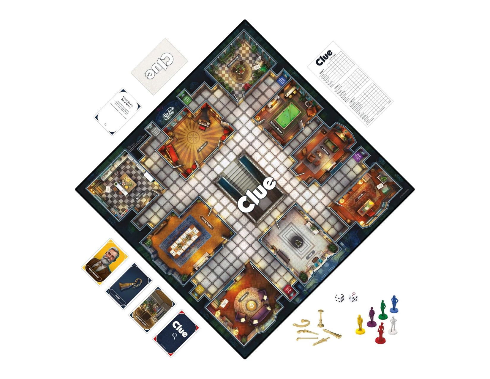 The board and accessories for the 2023 edition of Clue on a white background.