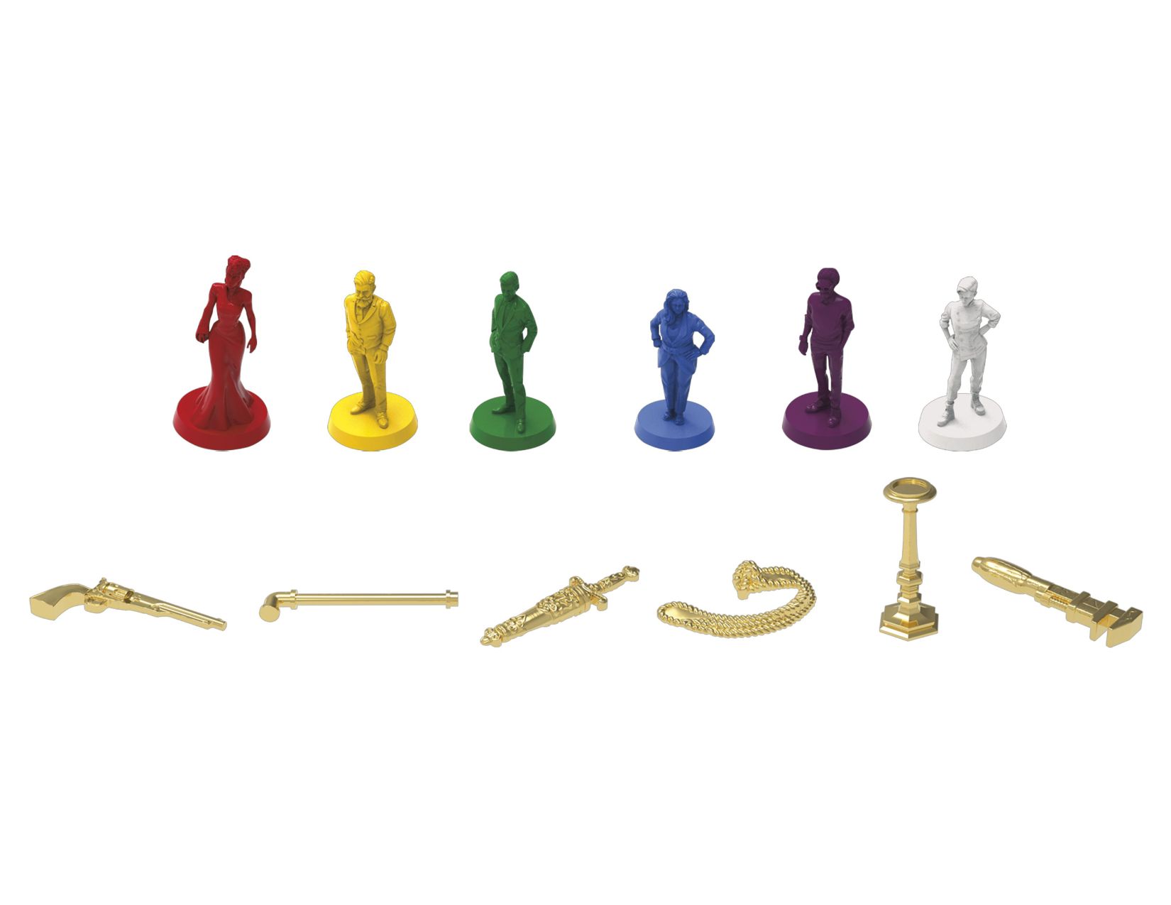 The character miniatures and weapons from the 2023 edition of Clue on a white background.