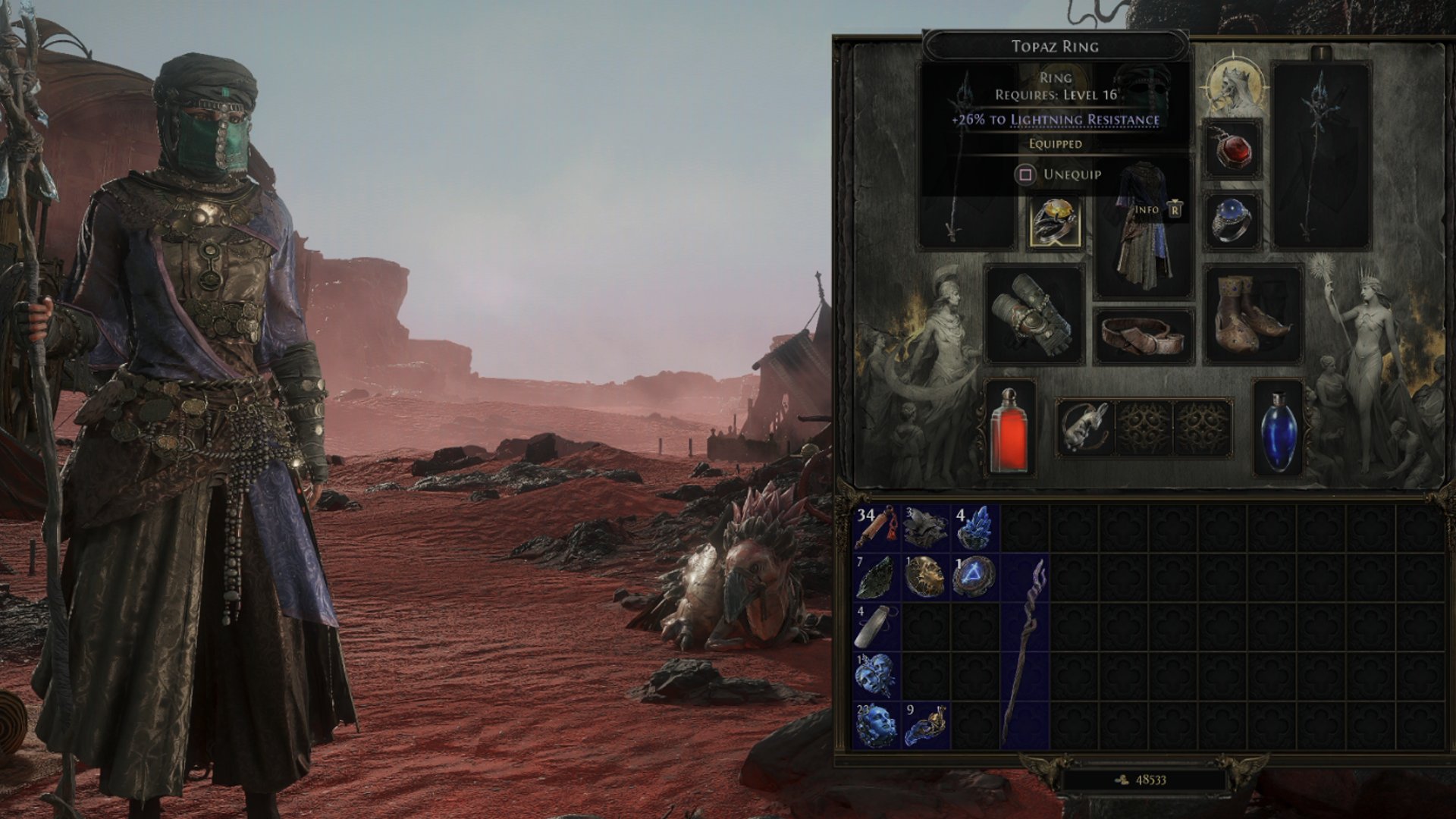 A menu shows the gear to equip to beat Jamanra in Path of Exile 2