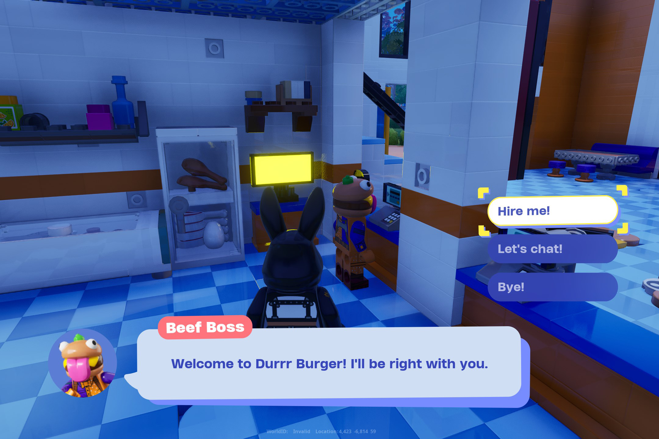 A Fortnite character asks a burger-headed man for a job.