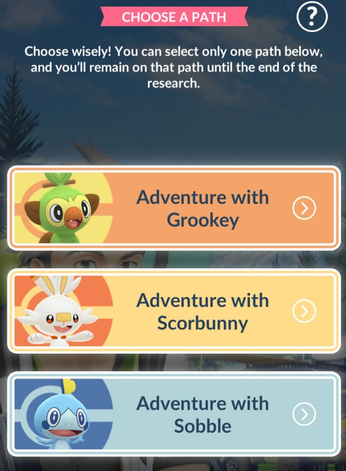 The Choose a Path options in ‘Galar Calling’ in Pokémon Go