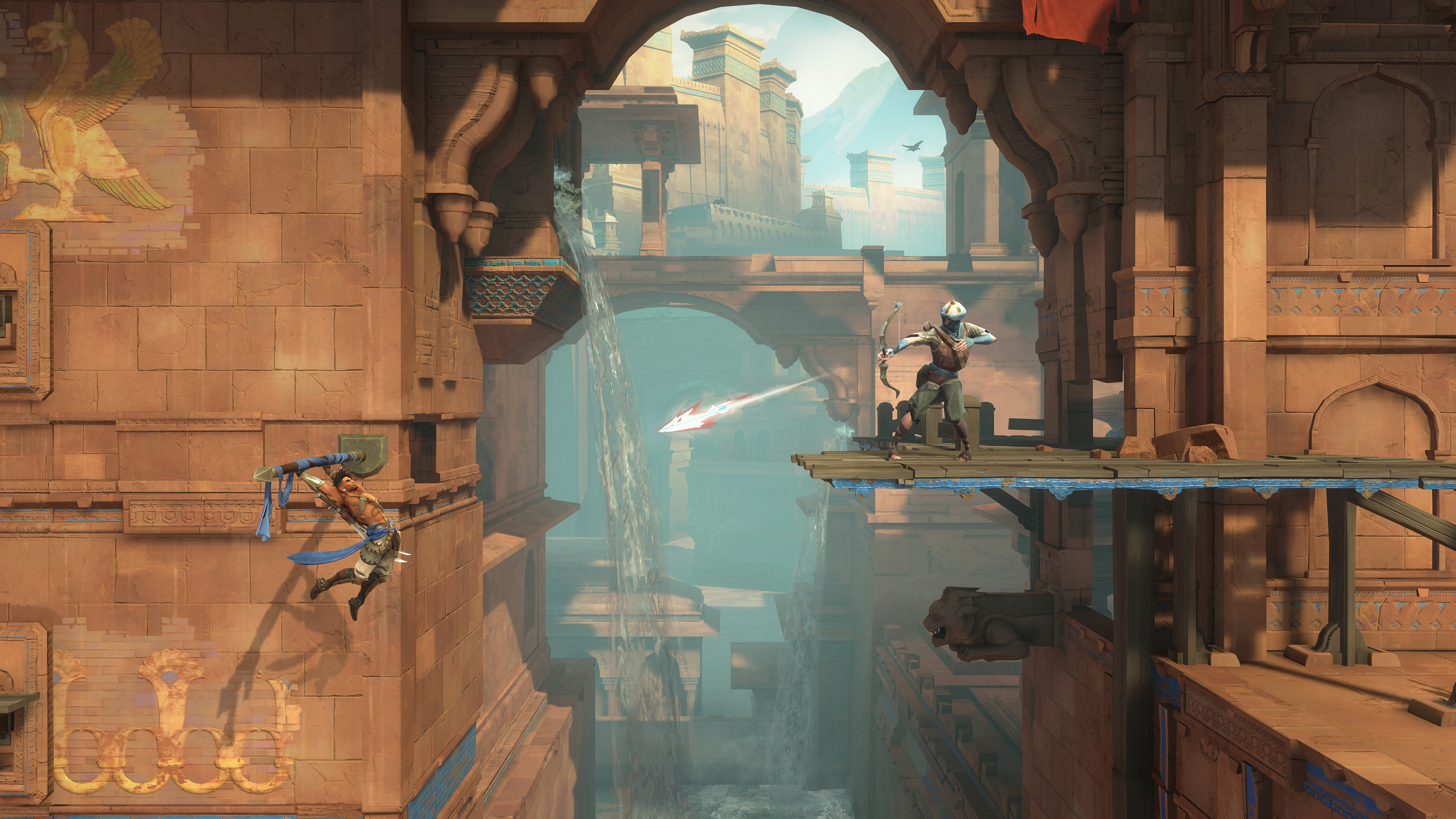 gameplay in Prince of Persia: The Lost Crown, the player is swinging across a chasm while a foe stands on a platform and fires an arrow at him.