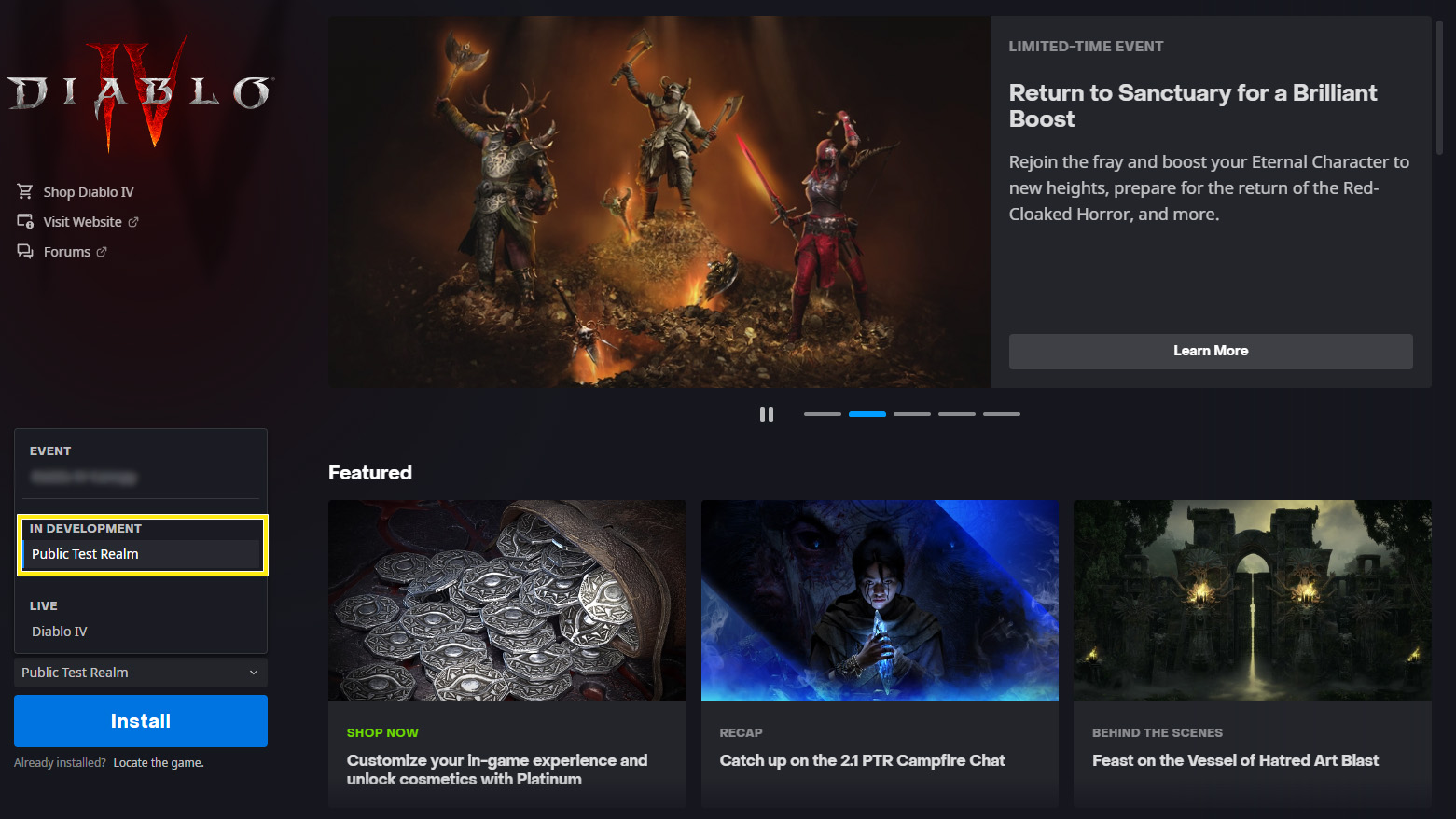 The Battle.net screen for Diablo 4