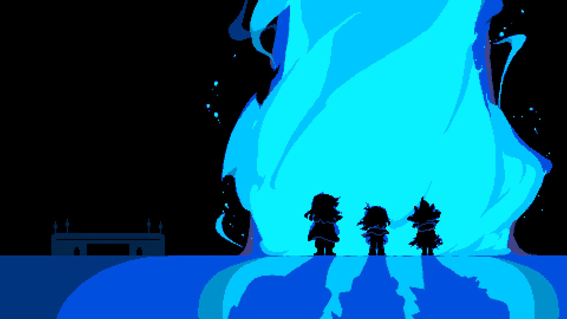 An image of the Deltarune game. It shows the silhouette of three characters standing against a large blue fire.