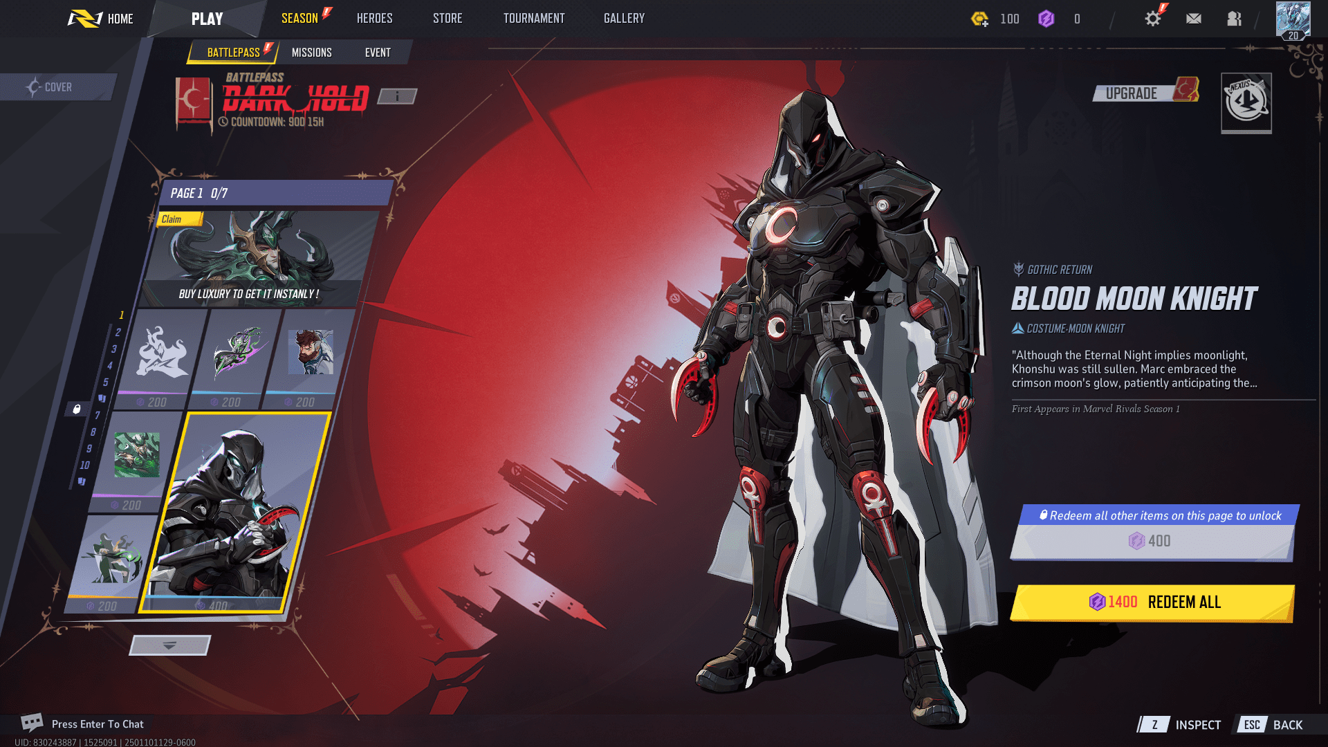 Moon Knight’s Blood Moon Knight skin in Marvel Rivals season 1