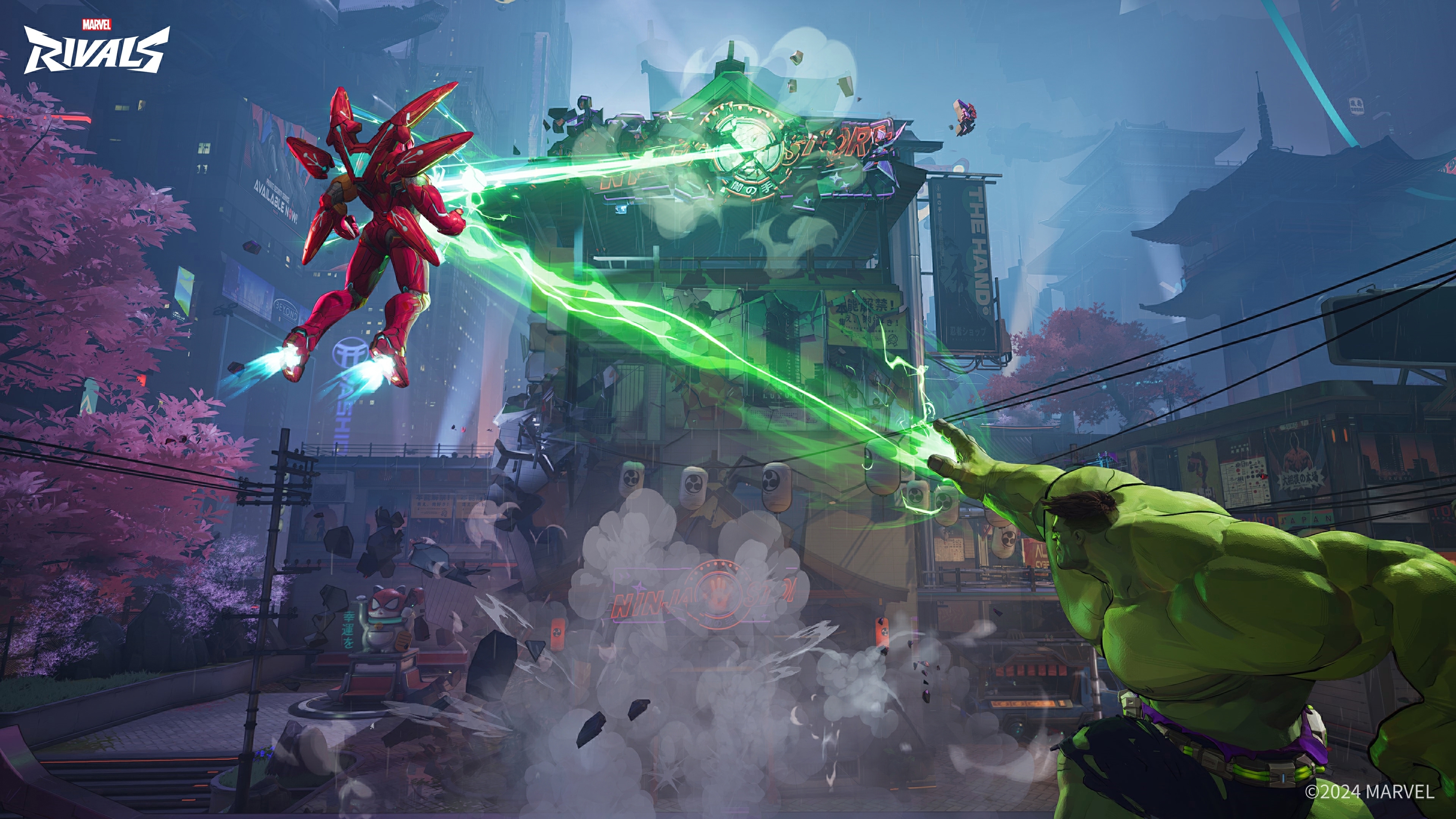 Hulk fires gamma energy from his right hand at Iron Man, who is channeling the energy at a building, in a screenshot from Marvel Rivals