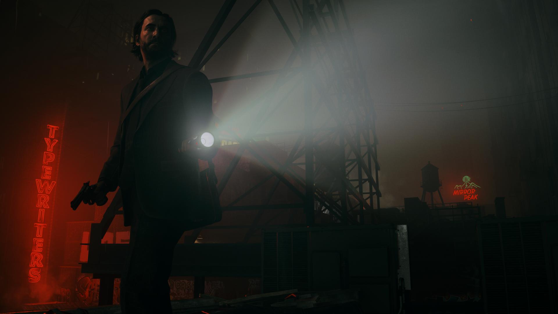 Alan Wake holding a flashlight and revolver on a rooftop with neon store signs in the background in Alan Wake 2.