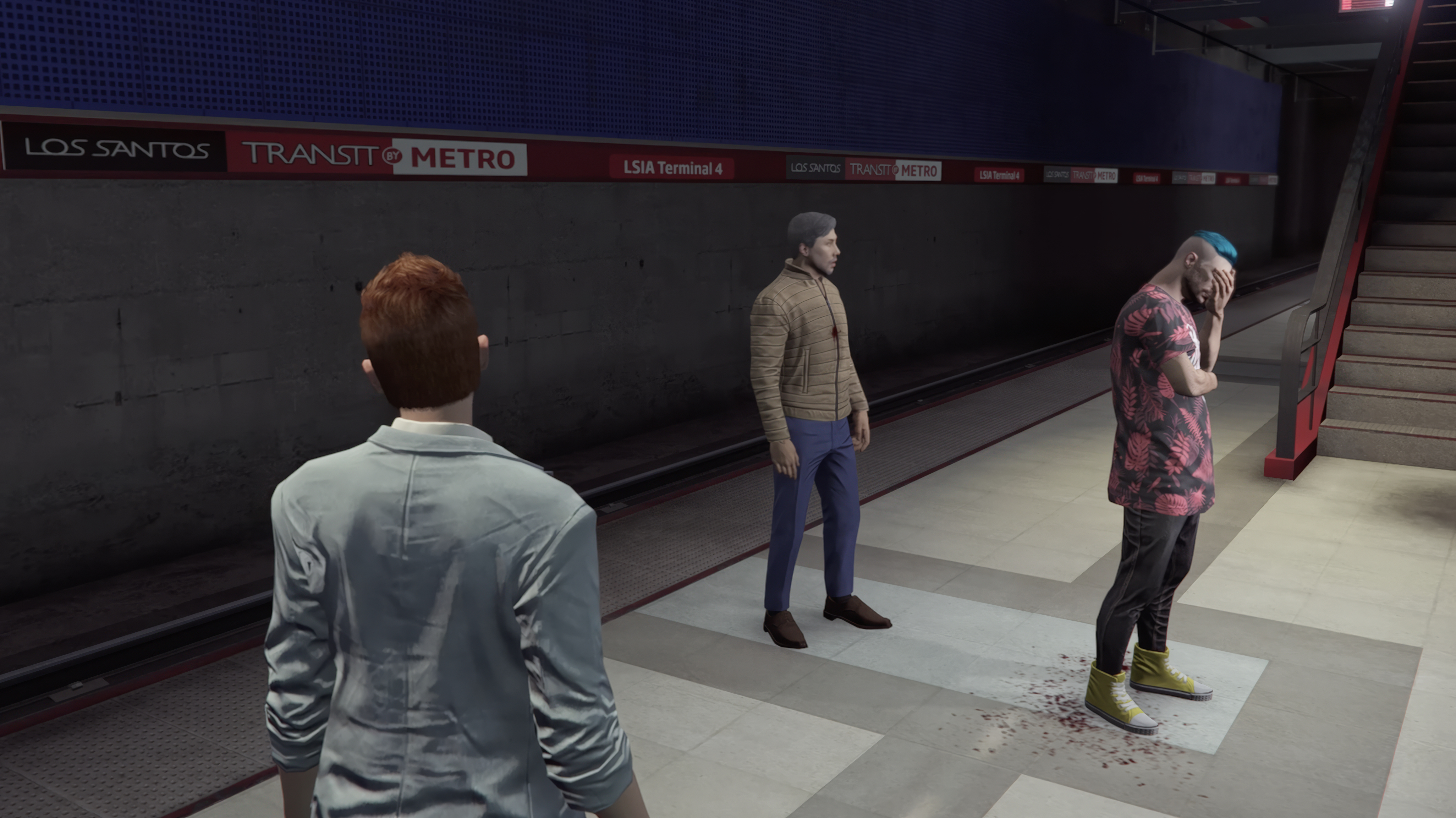 Three GTA characters stand in a subway station in Grand Theft Hamlet. One has his head in his hands