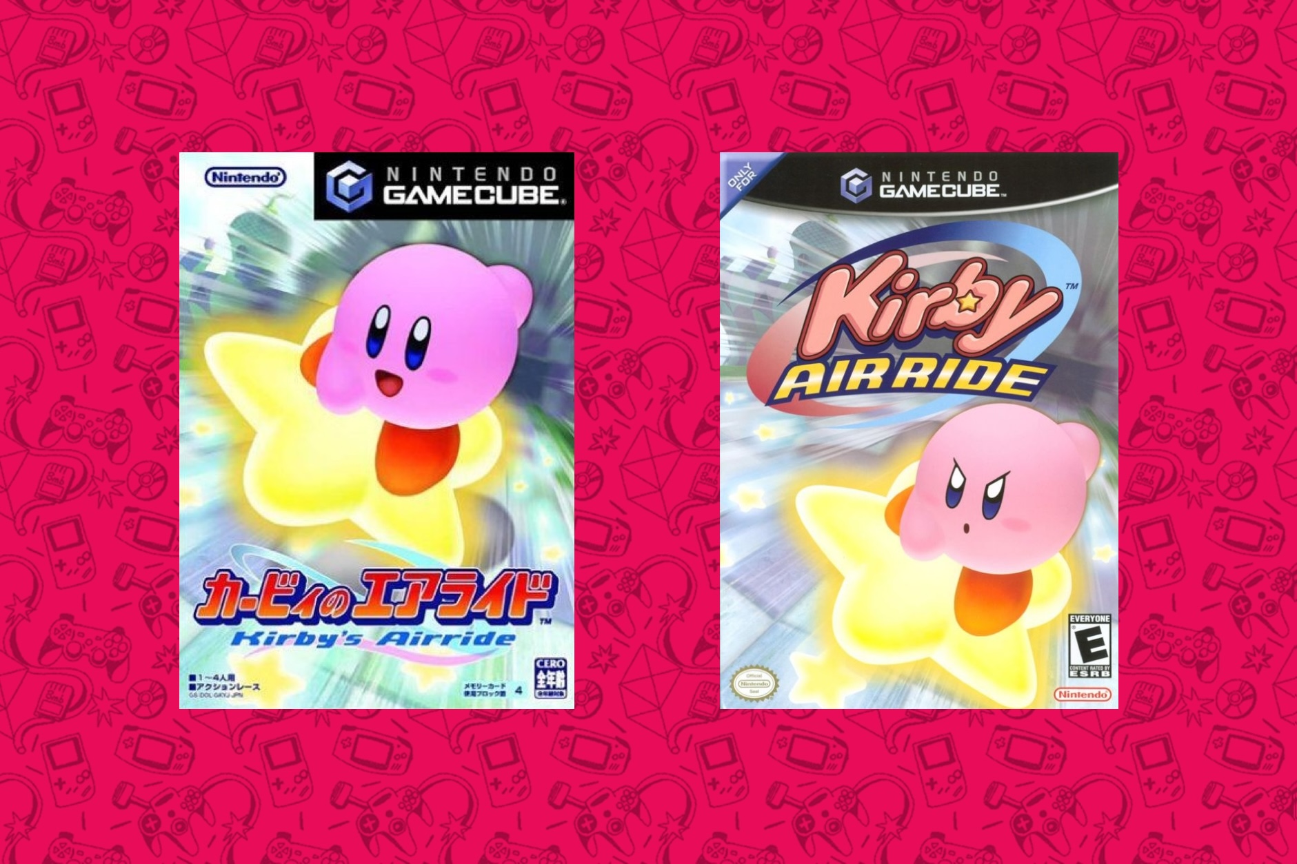 A graphic shows the Japanese and U.S. versions of Kirby’s Air Ride side-by-side, with Kirby looking happy on the left and angry on the right.