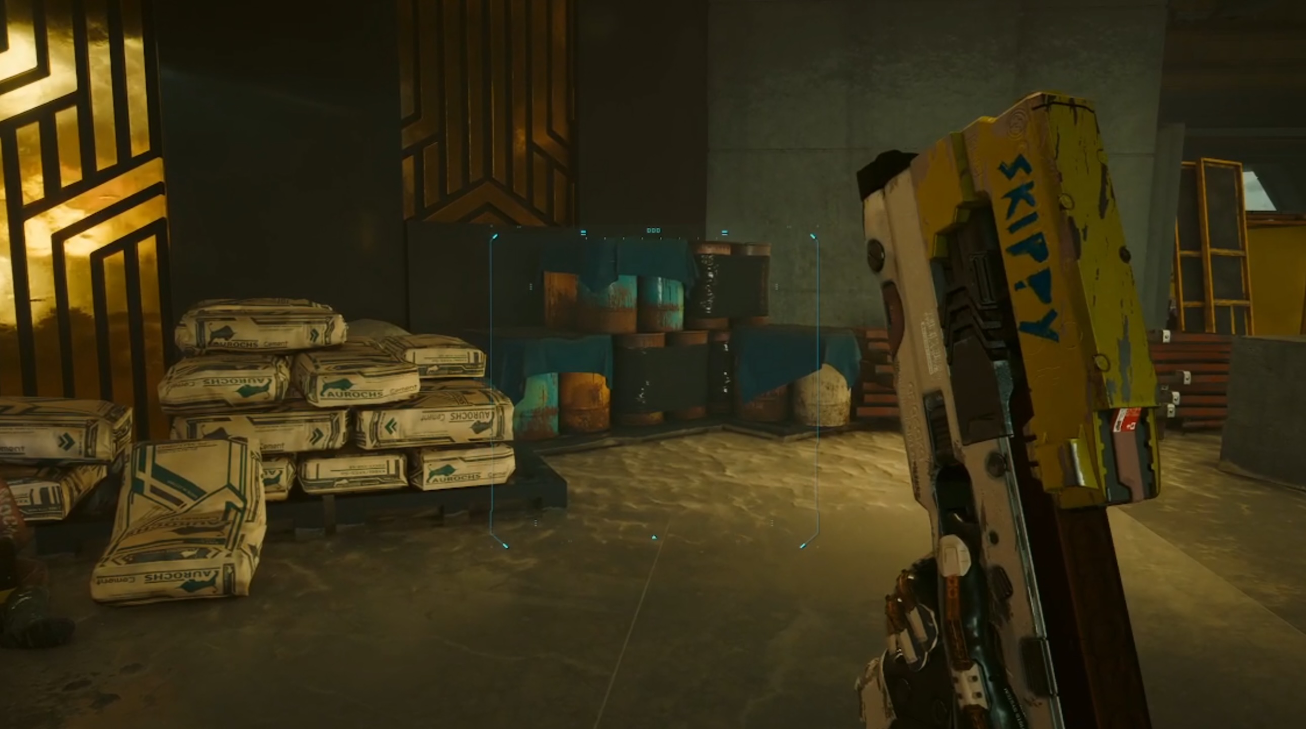 A Cyberpunk 2077 screenshot shows the player holding a gun with skippy written on its side