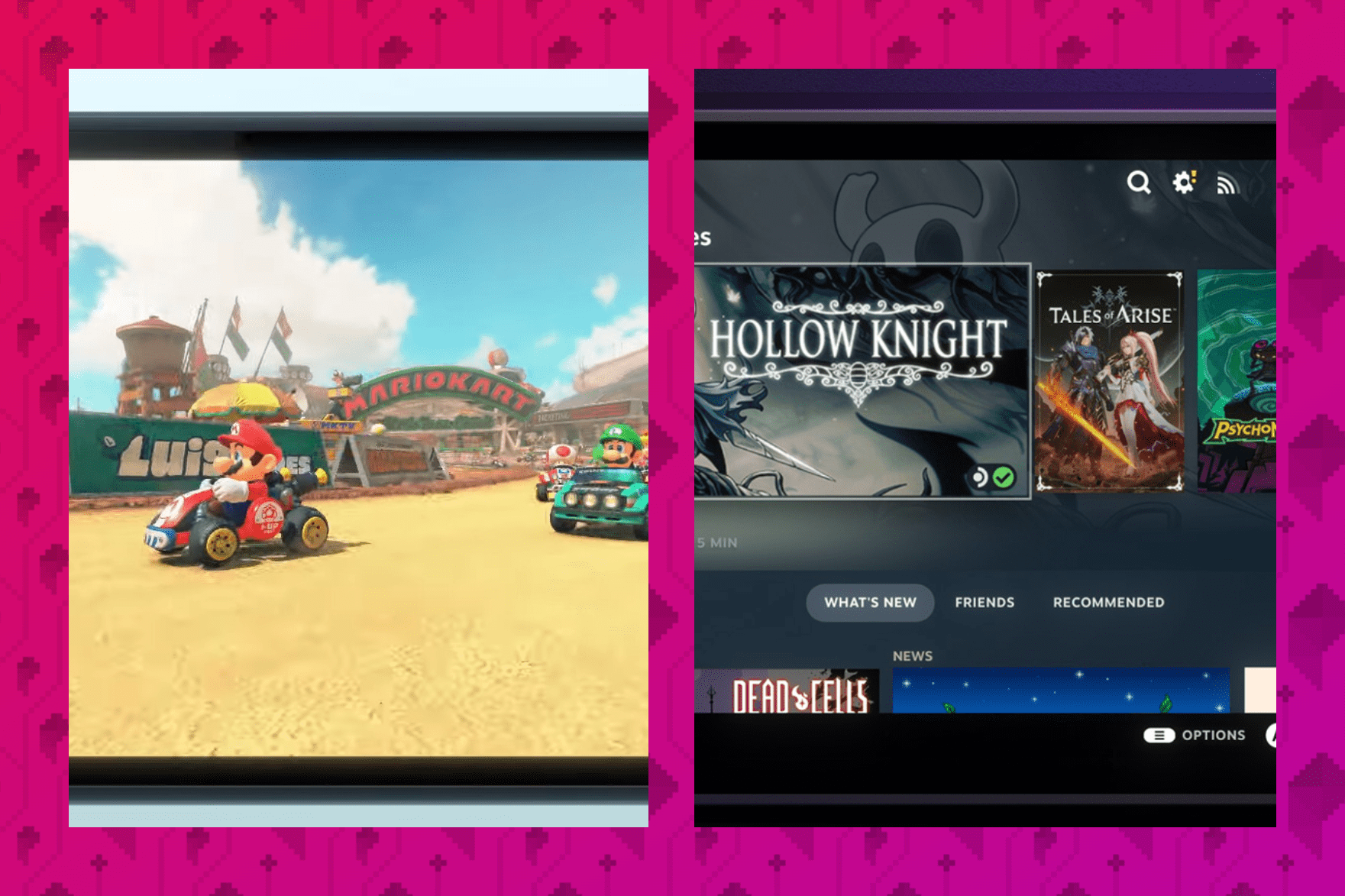 A side-by-side close-up of the Switch 2 and Steam Deck screens