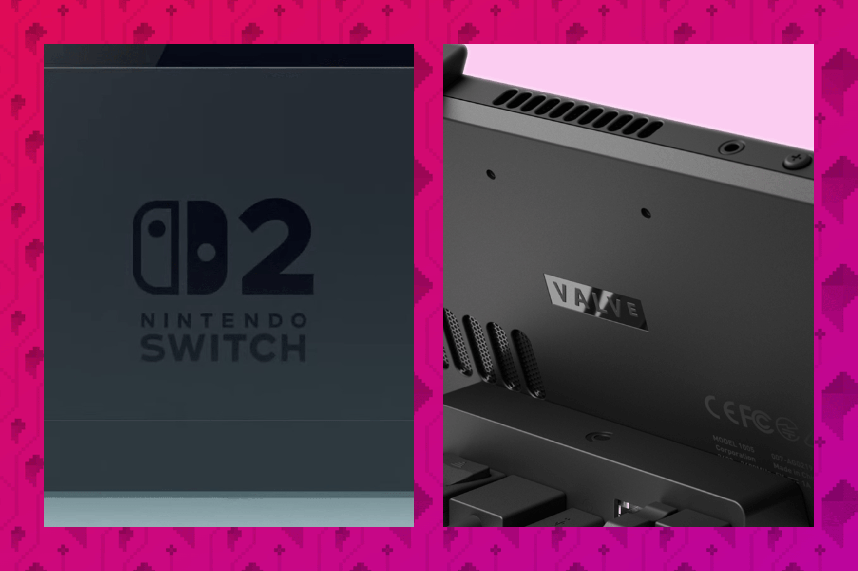 A side-by-side close-up of the Switch 2 and Steam Deck docks