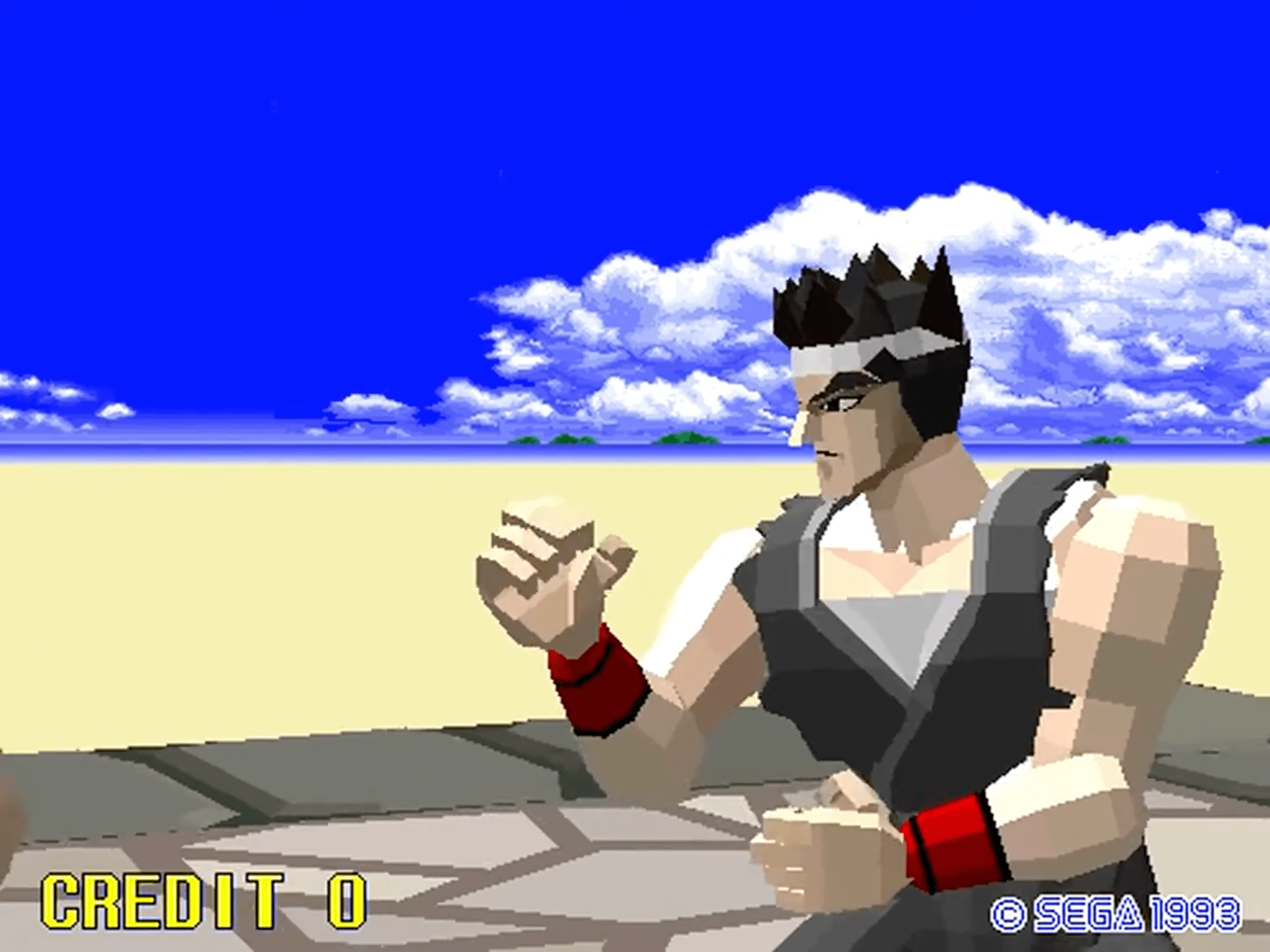 A screenshot of Virtua Fighter shows Akira up-close with a blue sky in the background